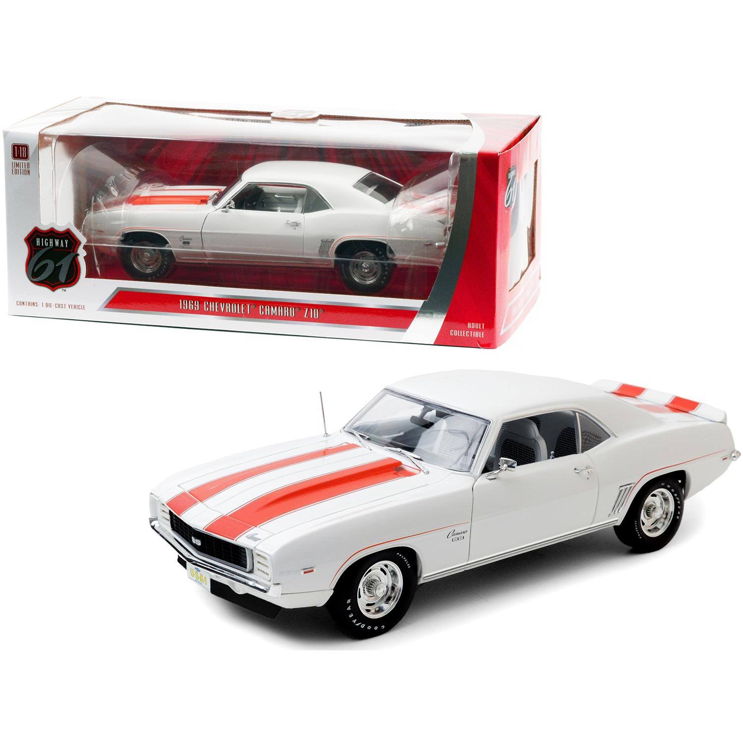 1969 Chevrolet Camaro SS Z10 White with Orange Stripes and Black Houndstooth Interior 1/18 Diecast Model Car by Highway 61