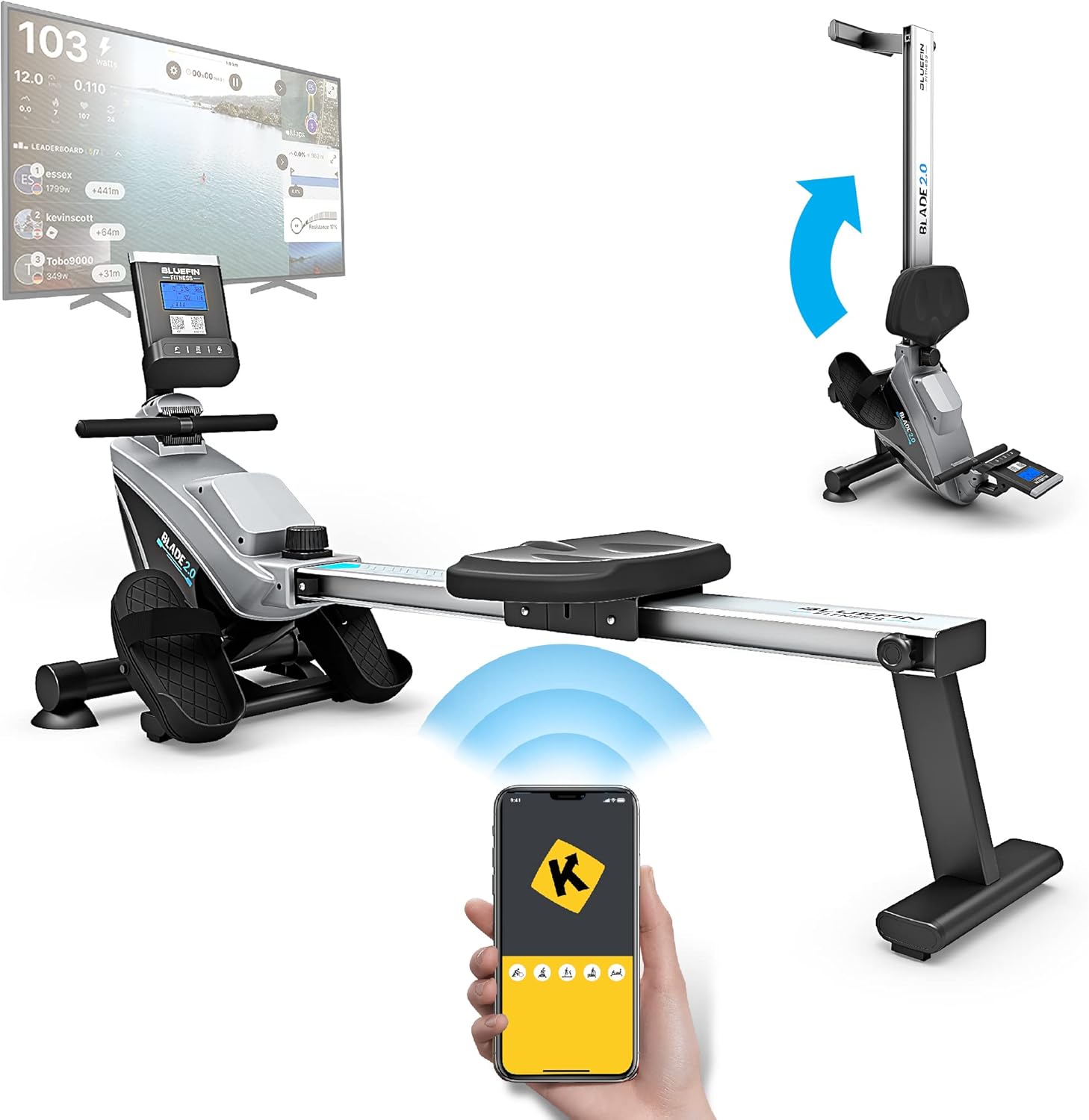 Bluefin Fitness Rower Machine Blade Home Gym Foldable | Magnetic Resistance Rower | 8 x Tension Levels | Smooth Belt Drive | LCD Digital Fitness Console | Smartphone App | Black & Grey Silver