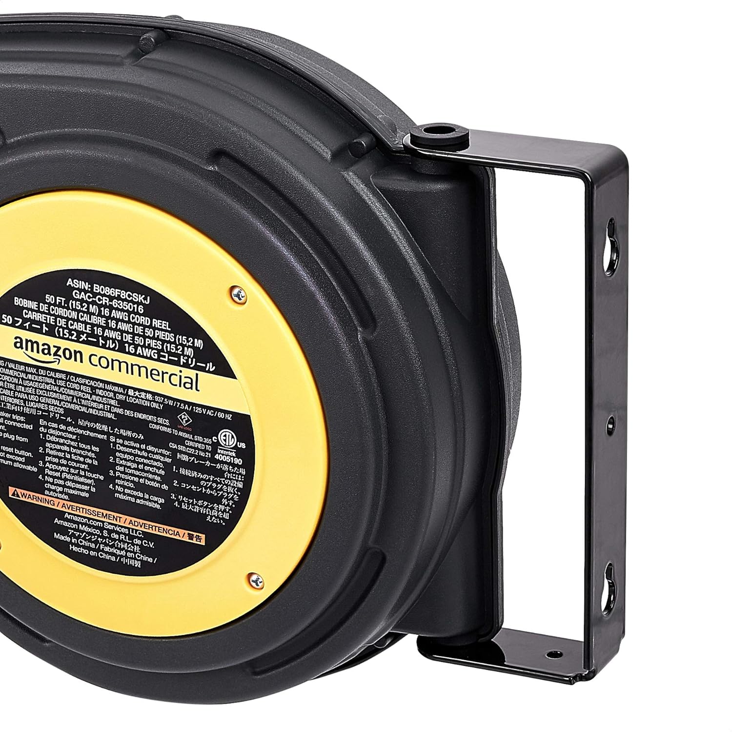 AmazonCommercial Extension Cord Reel Retractable Heavy Duty 16AWG x 50' Glow Strip Cable and LED Light-Up Triple Tap Connector, Squid Ink, Daisy, 15.1x6.4x10 (GAC-CR-635016)