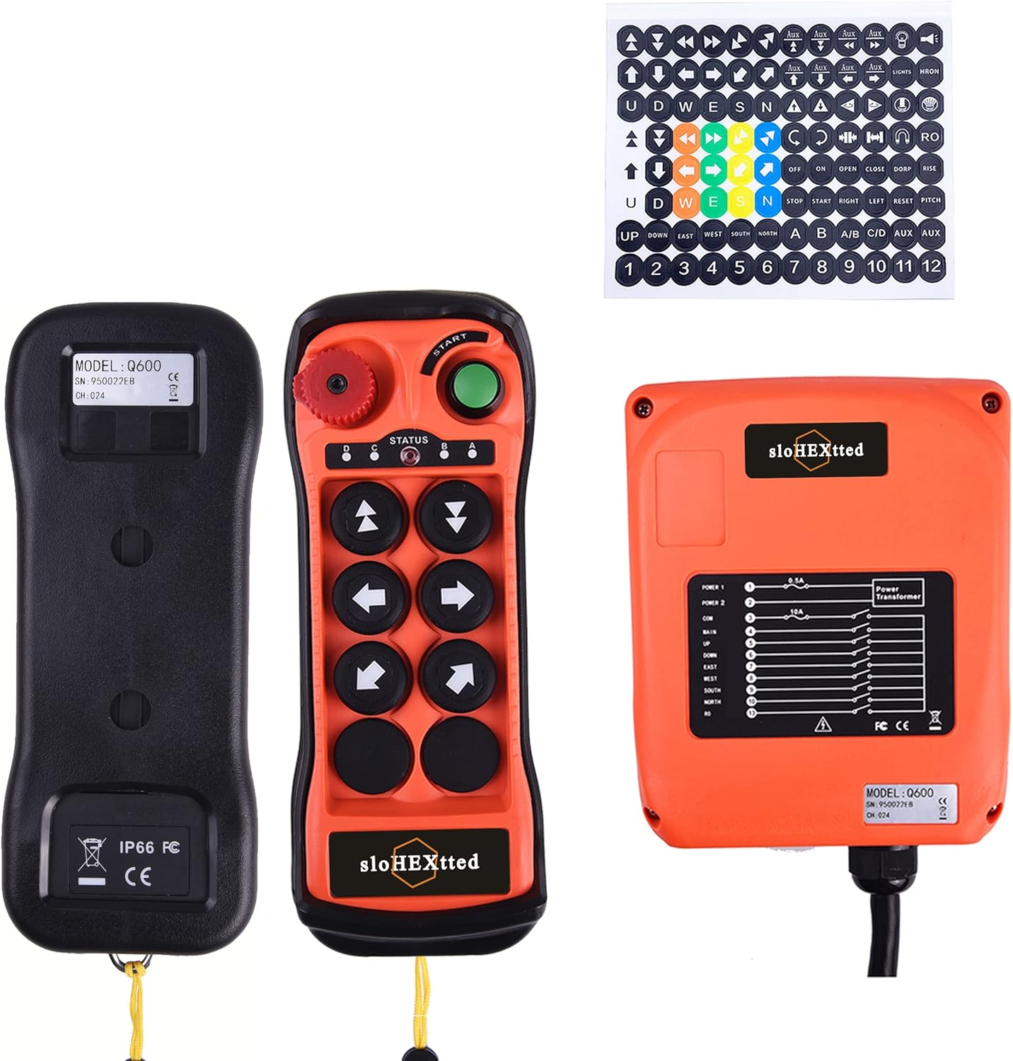 Electric Chain Hoist Crane Overhead Tower Bridge Industrial Wireless Radio Remote Control Transmitter and Receiver AC DC 12-24V 6 Buttons w/Emergency Stop(12-24V AC/DC)