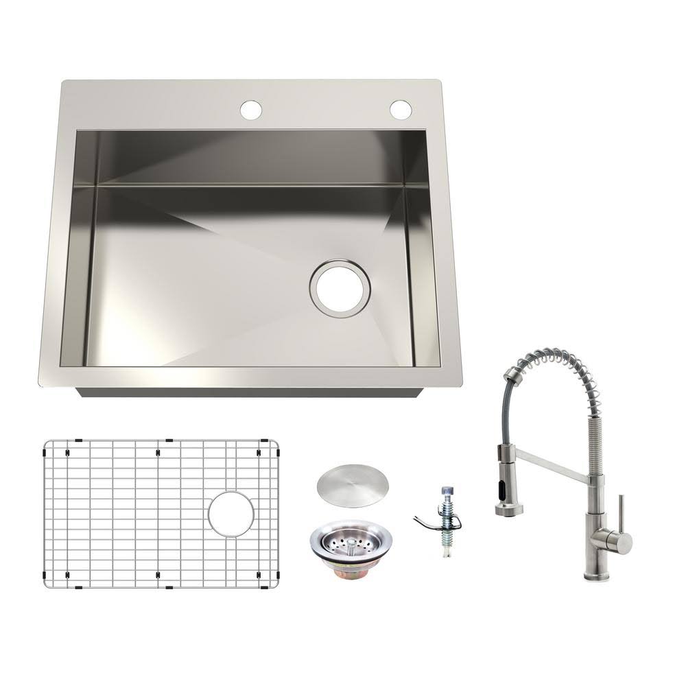 Glacier Bay Zero Radius All-in-One Drop-In/Undermount 16-Gauge Stainless Steel 27 in. Single Bowl Kitchen Sink with Faucet, Brus