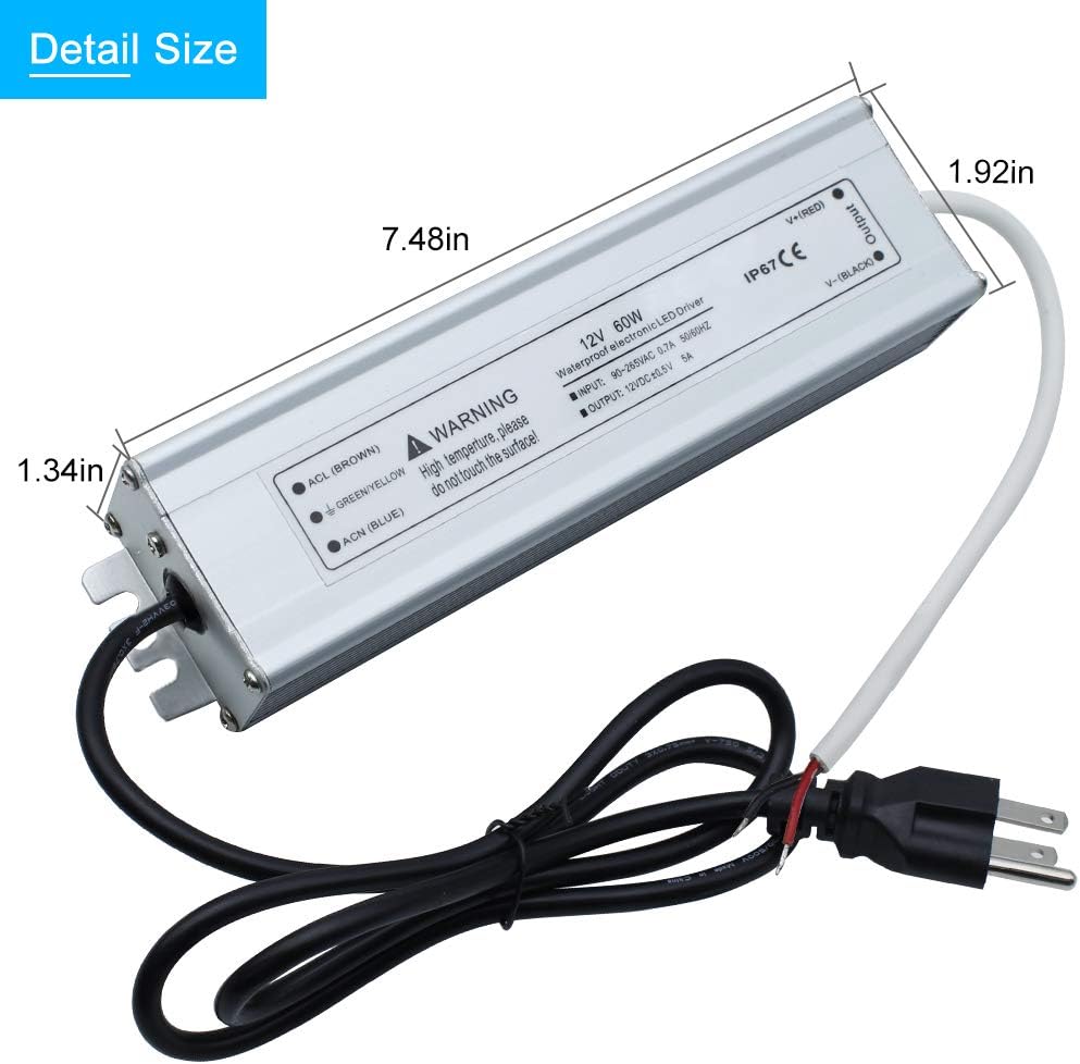 LightingWill Waterproof IP67 LED Power Supply Driver Transformer 60W 110V AC to 12V DC Low Voltage Output with 3-Prong Plug 3.3 Feet Cable for Outdoor Use
