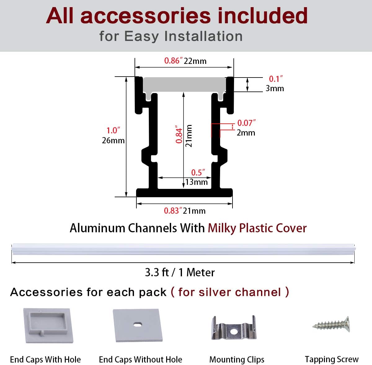 Muzata 5PACK 3.3FT/1M Spotless Embedded Built in LED Channel with White Cover Lens for Stairs and Wodden Floor,Silver Aluminum with Cover for Strip Tape Light,U113 1M WW, LS2 Pack of 2
