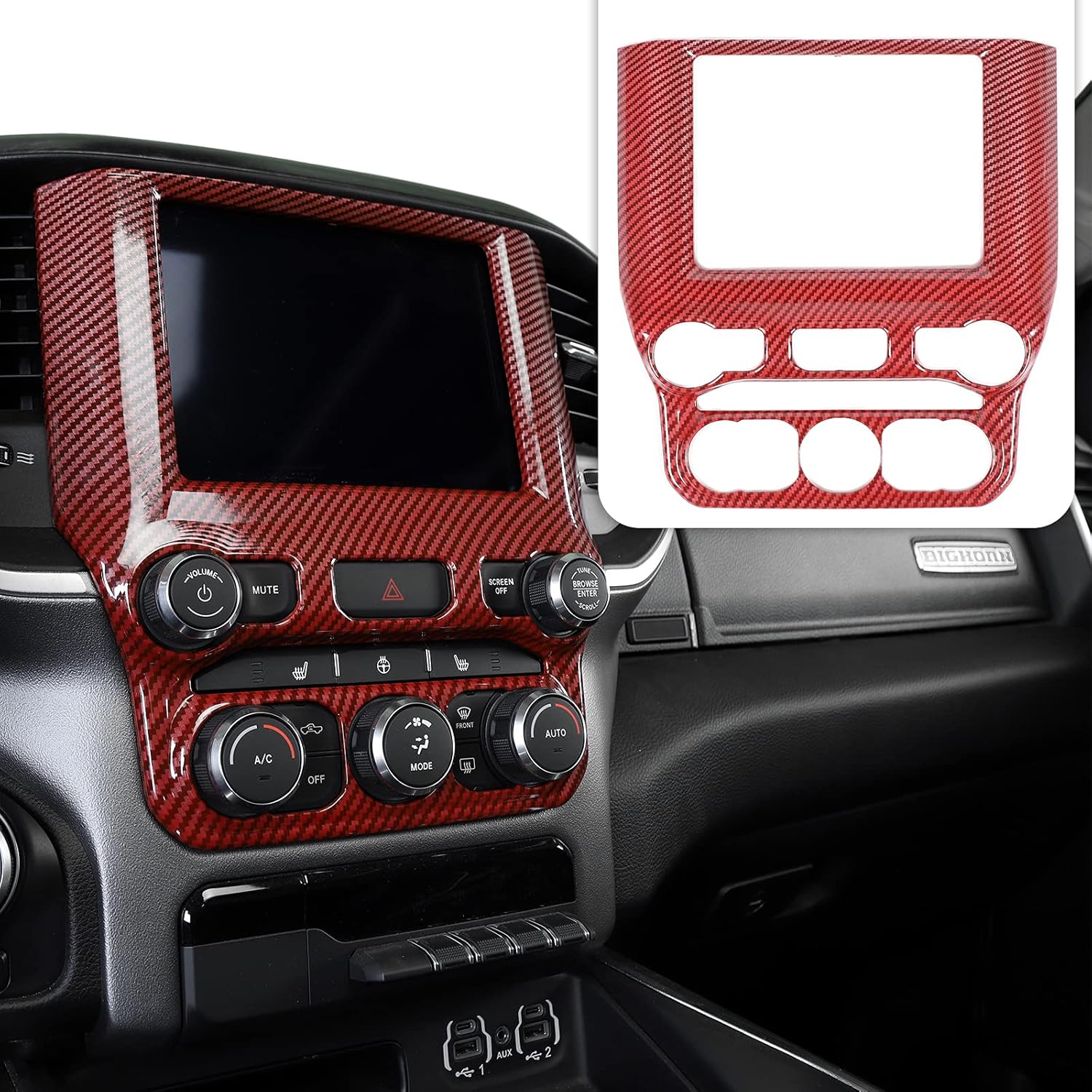 RT-TCZ Navigation Panel Screen Dash Board Air Conditioning Vents Trim Cover ABS Interior Accessories Center Control Touch Screen Trim Cover for Dodge RAM 2018-2021 Red Carbon Fiber Pack of 2