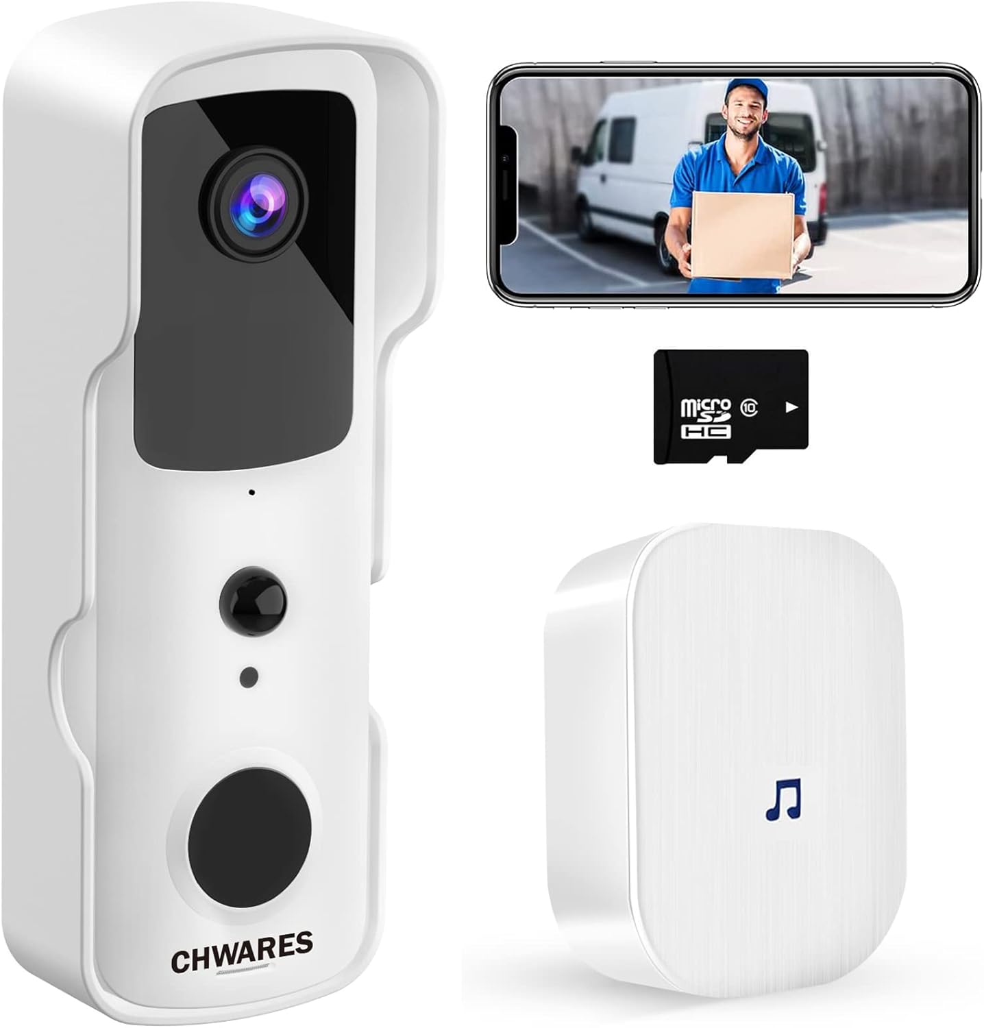 CHWARES Video Doorbell Camera Wireless WiFi with Chime, 1080P HD, Night Vision, 2-Way Talk, Alexa Compatible, Easy Installation, with 32GB SD Card, White Pack of 2