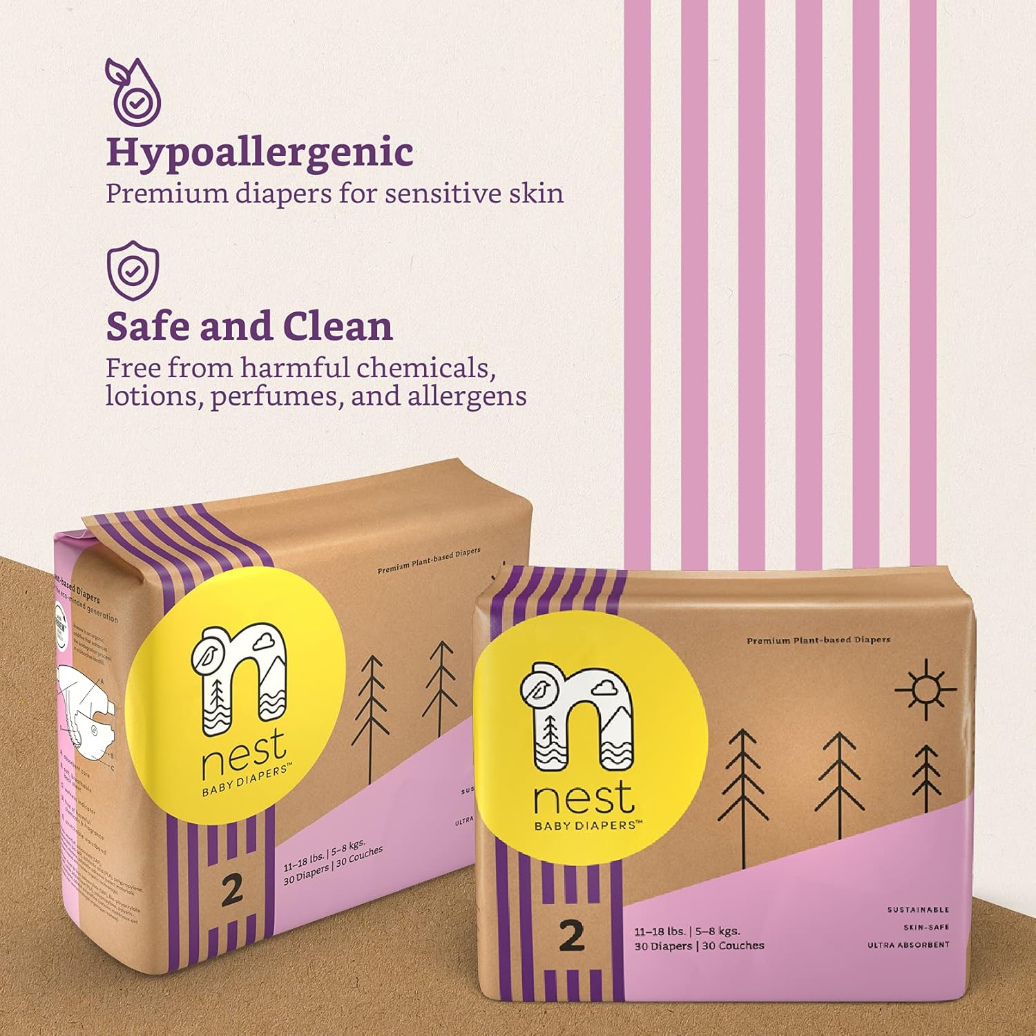 Nest Baby Diapers; Size 2: 11-18 lbs. 120 Count case – Premium Diapers for Sensitive Skin, Made of Sustainable Plant Based Materials, and Fragrance Free… Pack of 2