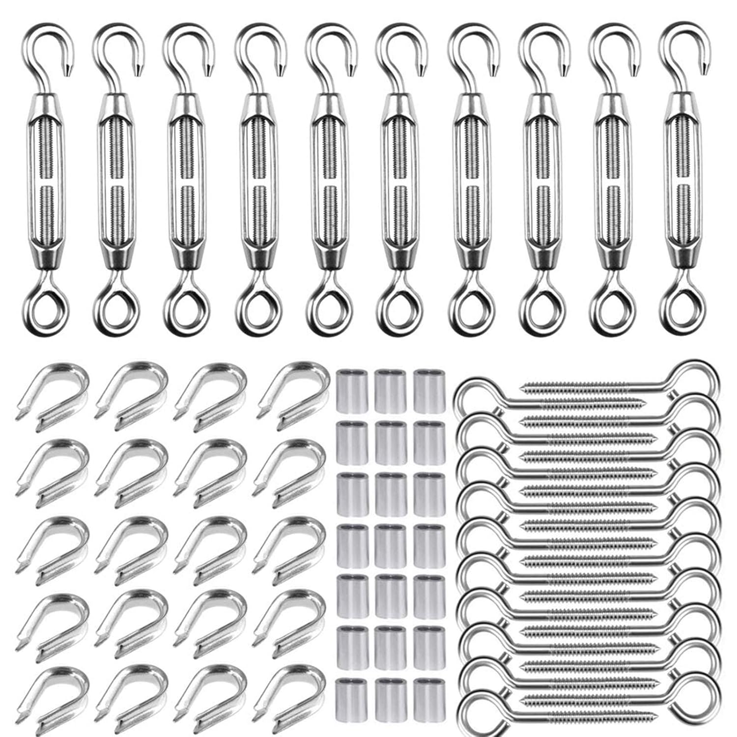 TooTaci Stainless Steel Cable Railing Hardware Kit for Wood Post,Include M5 Turnbuckles Tensioner Strainer,M5 Vine Eye Hooks,M2 Crimping Loop,M2 Thimbles,Use for 1/16