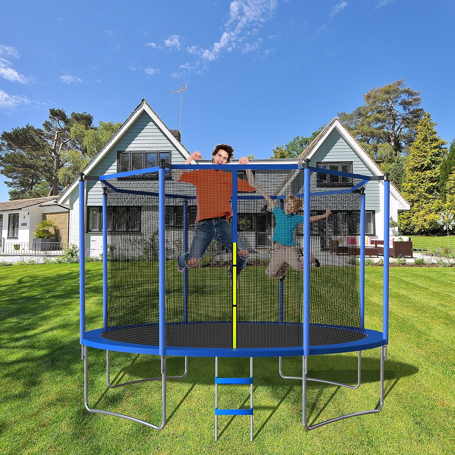 12FT Trampoline with Safety Enclosure Net - ASTM Approved, Kids Outdoor Recreational Trampoline with Ladder, Heavy Duty Backyard Trampoline, Trampoline for Kids Children Family Happy Time