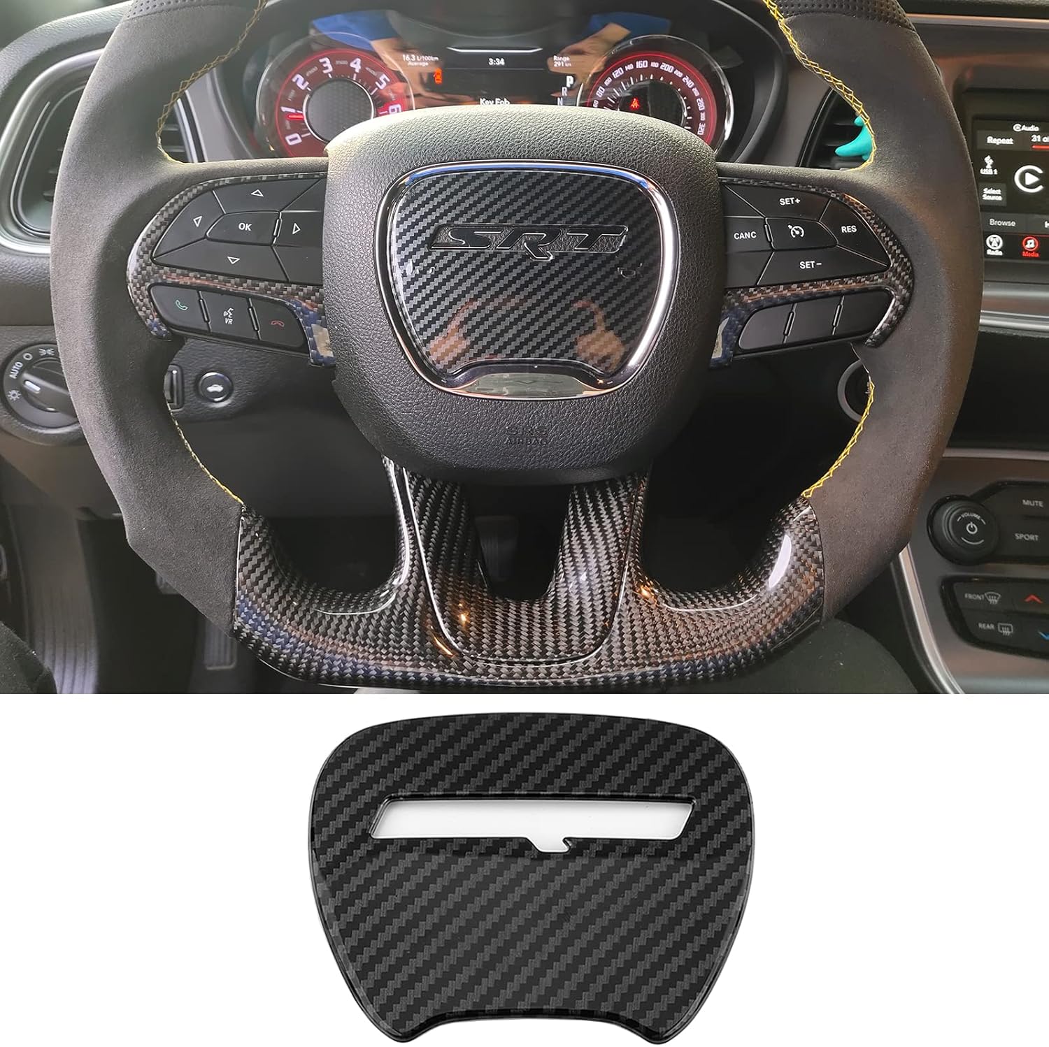 CosodSupp for Dodge SRT Carbon Fiber Steering Wheel Cover Trim Accessories for 2014-2021 Challenger SRT Charger SRT Durango SRT