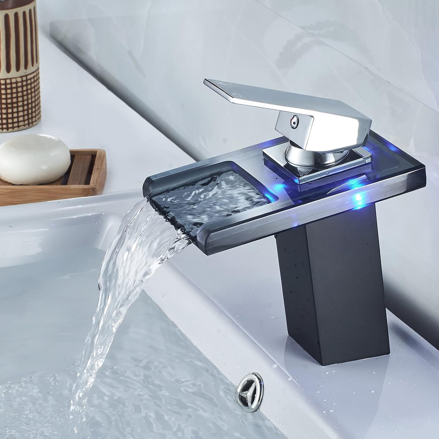 POPFLY LED Bathroom Faucet with 3-Color Light , Single Handle Single Hole Black Glass Waterfall Spout Faucet Mixer Cold and Hot Water