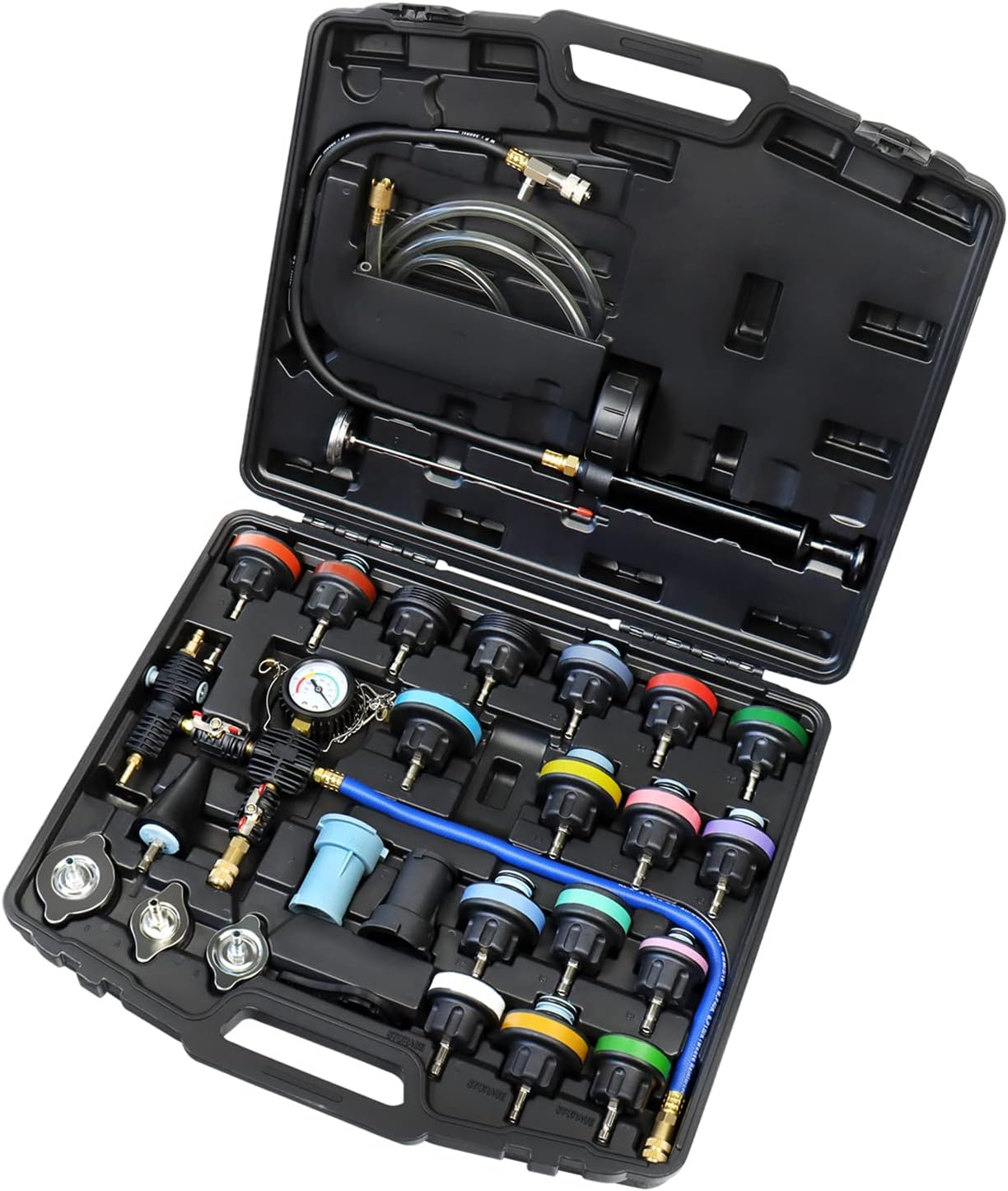 JIFETOR Radiator Coolant Pressure Tester Vacuum Refill Tool Kit, 28PCS Automotive Cooling System Leak Test and Pneumatic Purge Fill Set with Testing Adapter Caps Universal for Airlift Car Auto Truck