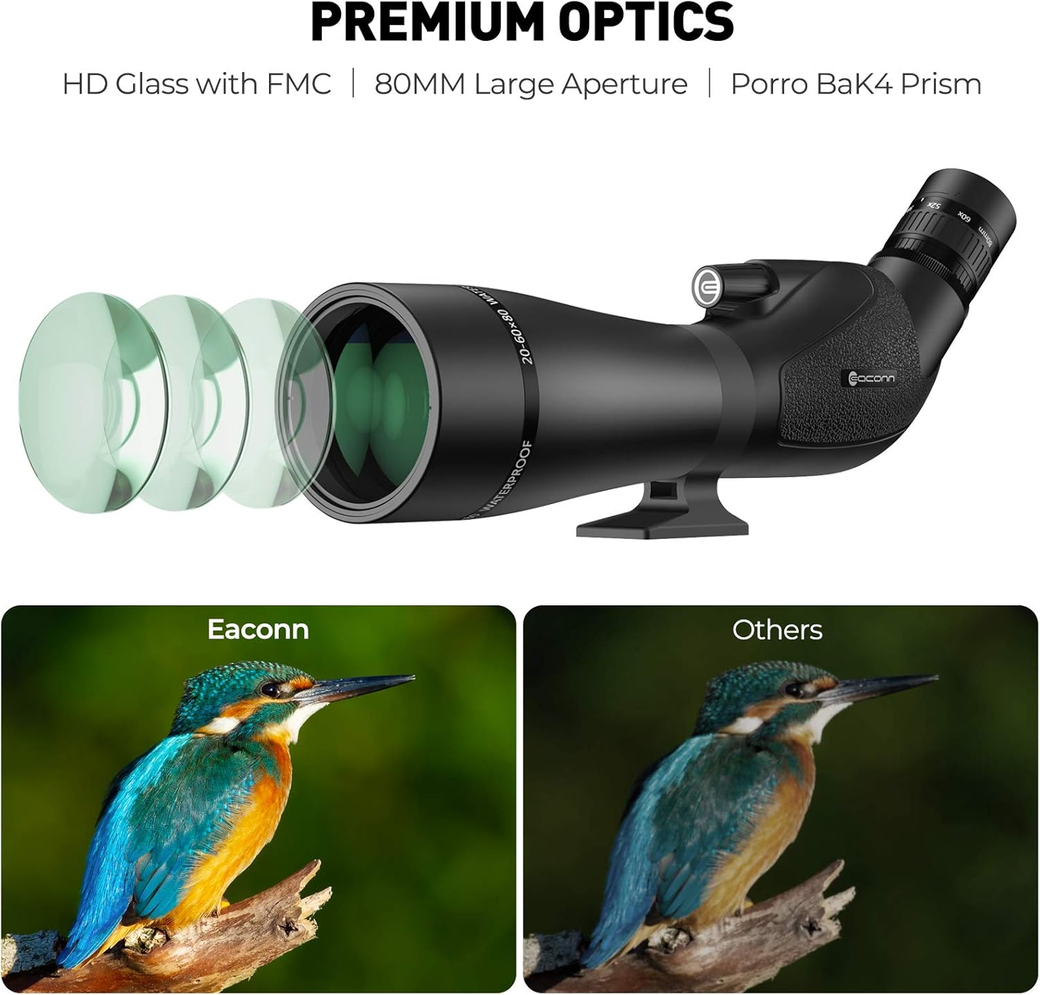 EACONN 20-60x80 Spotting Scope with HD Glass, BAK4 Prism, FMC Optics-IPX7 Waterproof Spotting Scopes for Target Shooting, Hunting, Bird Watching-with Tripod, Digiscoping Phone Adapter