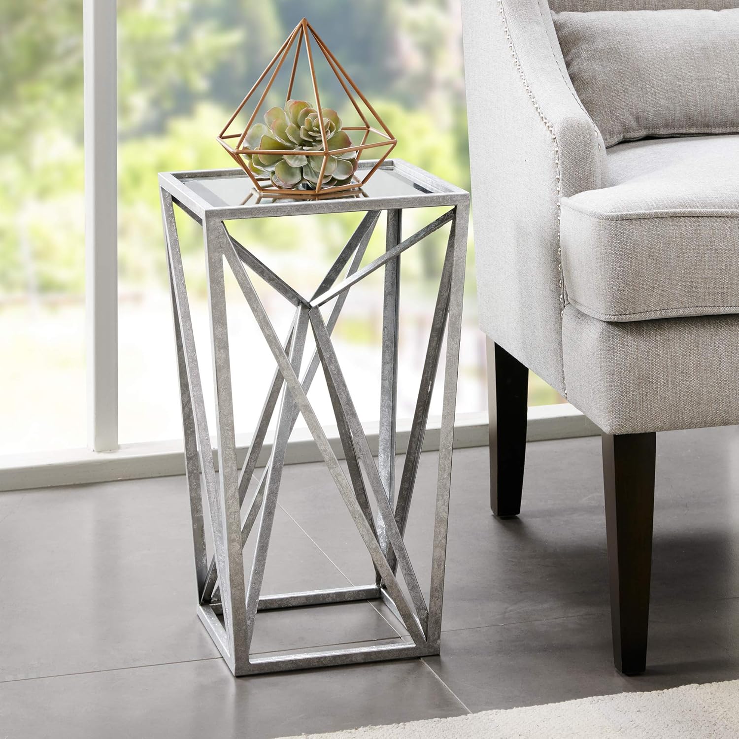 Madison Park Zee Accent Tables For Living Room, Glass Top Hollow, Small Metal Frame Geometric Angular Design Luxe Modern Stylish Nightstand Bedroom Furniture, Gold