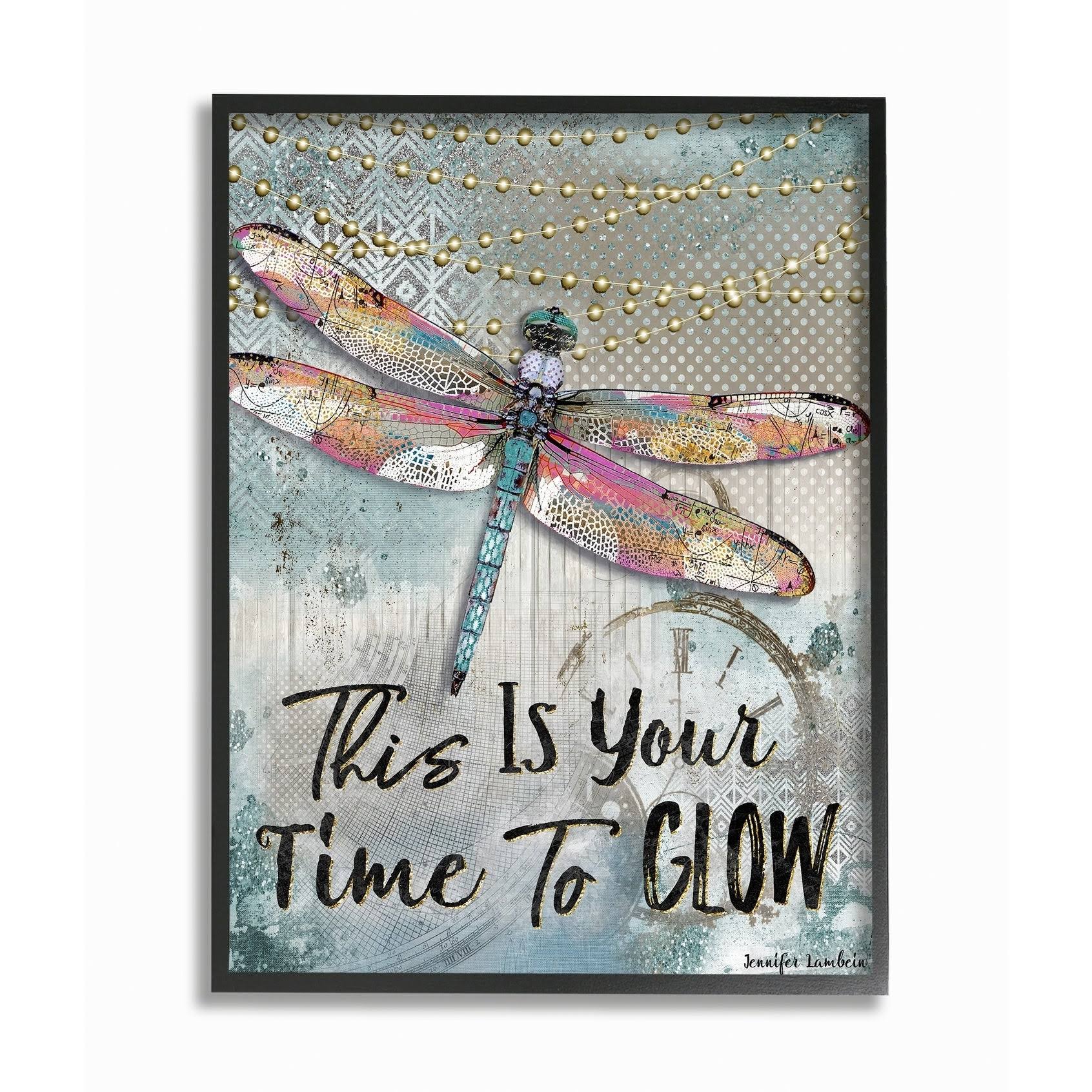 Stupell Industries Blue Lights This Is Your Time to Glow Inspirational Dragonfly Black Framed, 24 x 30, Proudly Made in USA - Wo