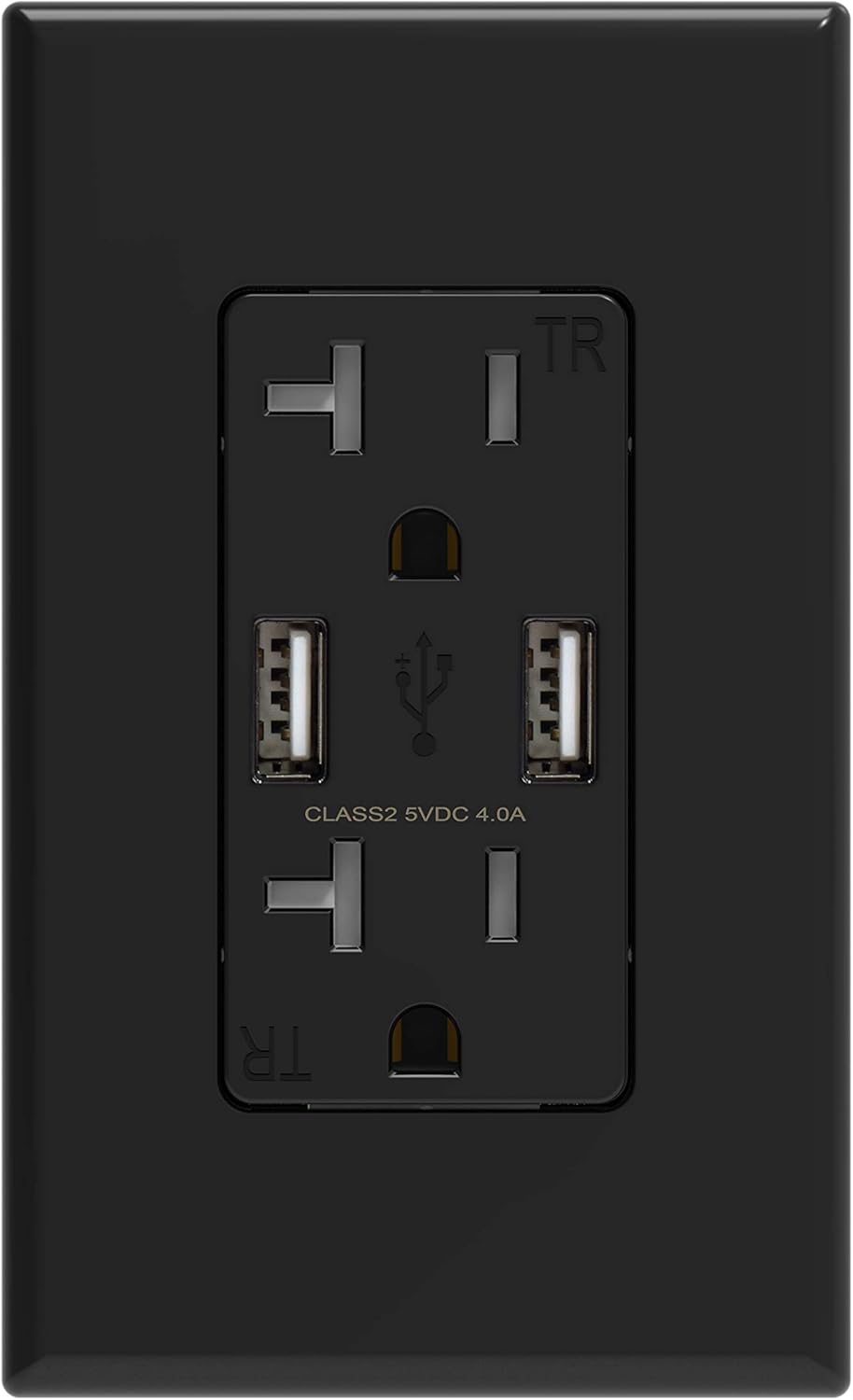 ELEGRP USB Charger Wall Outlet, Dual High Speed 4.0 Amp USB Ports with Smart Chip, 20 Amp Duplex Tamper Resistant Receptacle Plug NEMA 5-20R, Wall Plate Included, UL Listed (6 Pack, Glossy Black) Pack of 2