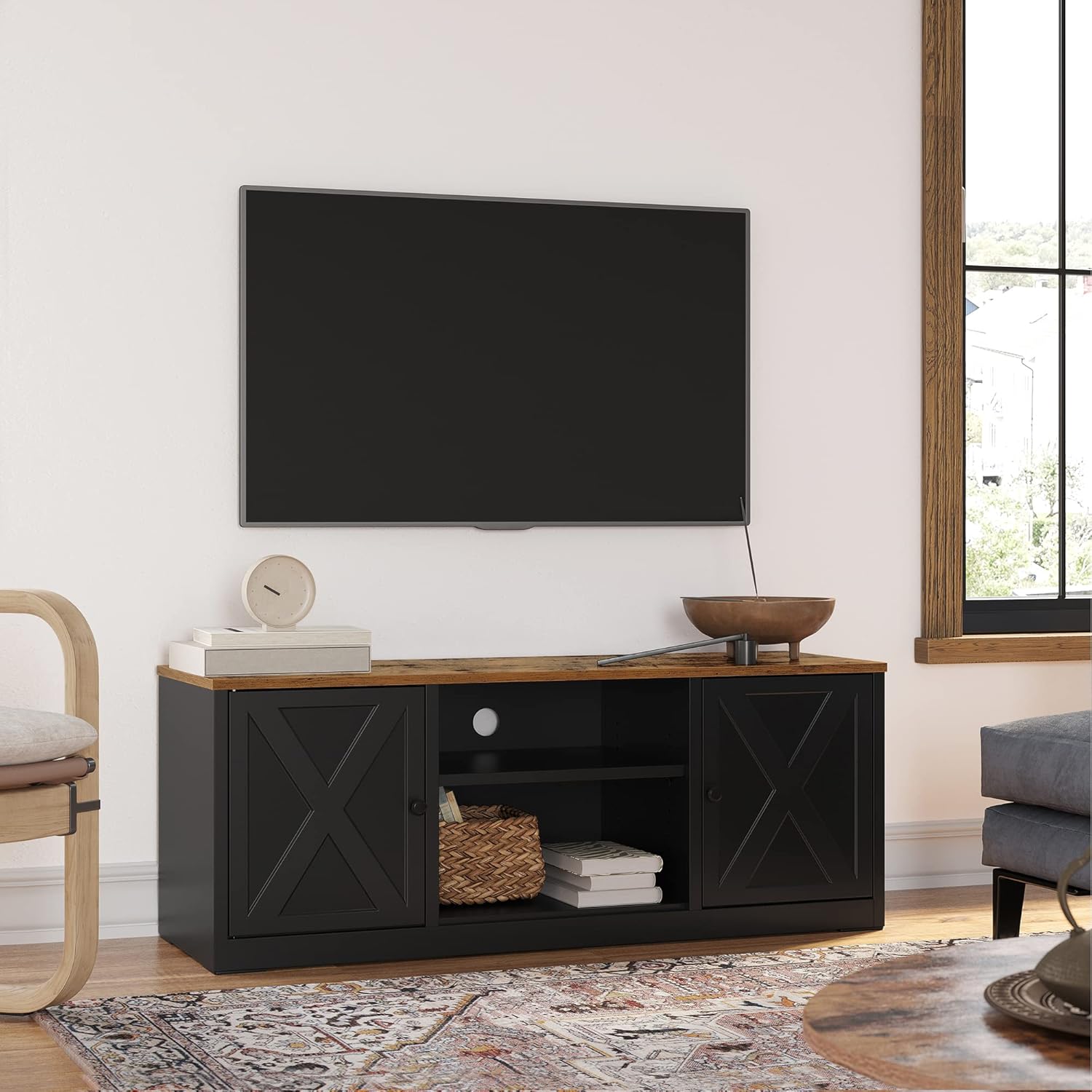 SONGMICS TV Stand, for 55 Inches TV, TV Cabinet with Open Shelves, 2 Cabinets, Bedroom, Rustic Brown and Black ULTV710B01