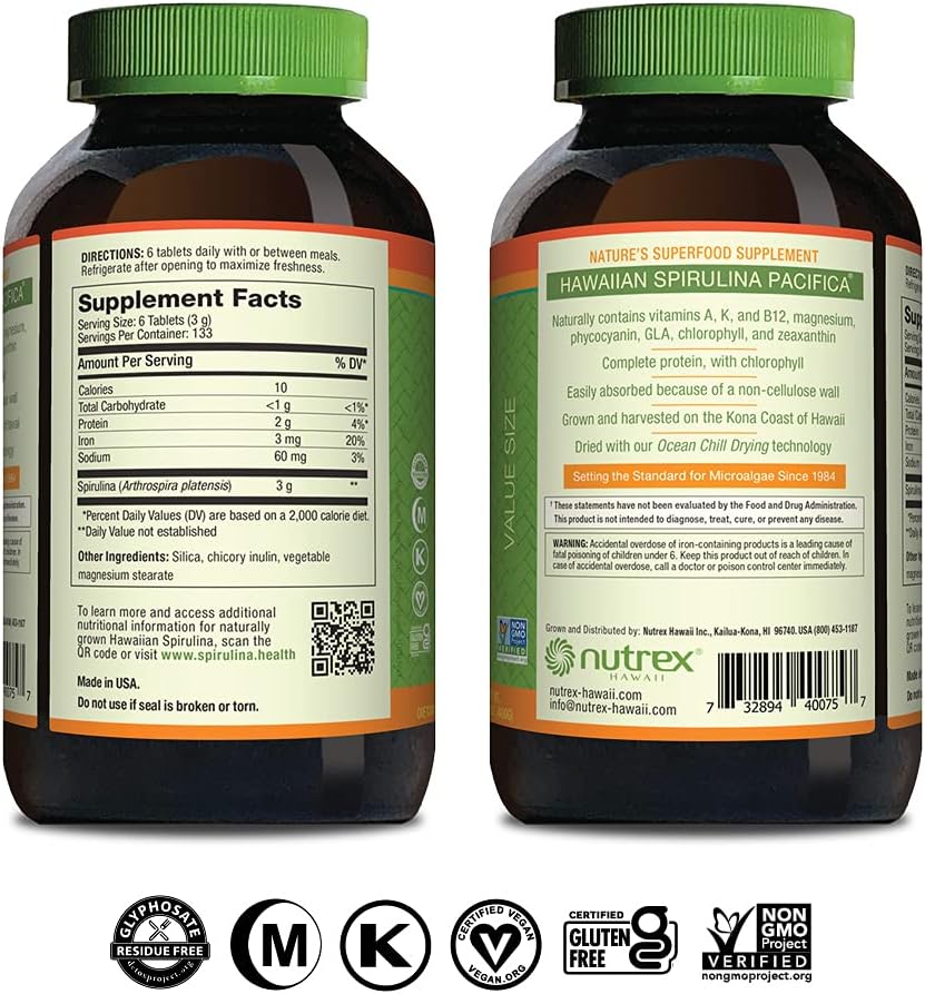 Nutrex Hawaii, Pure Hawaiian Spirulina 500 mg, Vegan, Supports Immune System, Heart, Cells and Energy, 800 Tablets Pack of 2