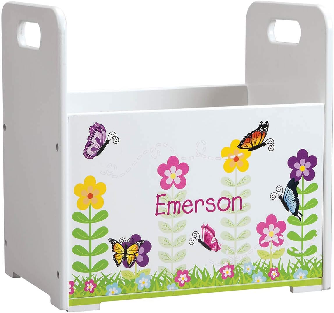 Fox Valley Traders Personalized Kids Wooden Book Caddy, Customized Children’s Book Storage Bin, Musical Animals Design Pack of 2