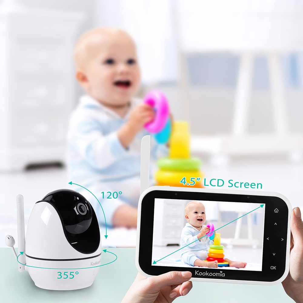 kookoomia Baby Monitor with Camera and Audio 1080P, 4.5'' Large LCD Screen, Infrared Night Vision, Two Way Talk, Temperature, Lullabies, 980ft Range Home Security Camera for Baby Elderly Pet Monitor Pack of 2