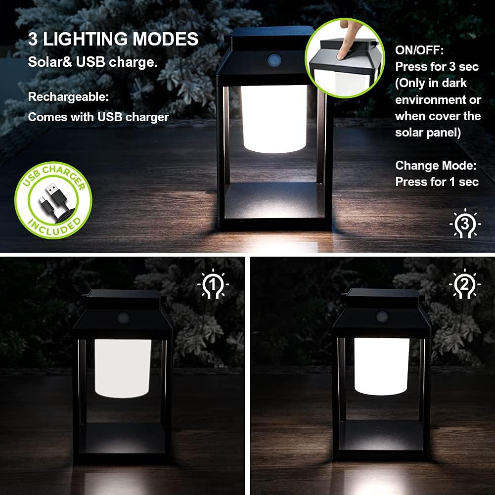 BRIMMEL LED Portable Solar Table Lamp 35W 3000K Lantern Outdoor Nightstand Lamp Hand Light IP44 Waterproof Cordless 3-Level Touch Control with USB Port Drinking/Reading/Walking, Aluminum, Black