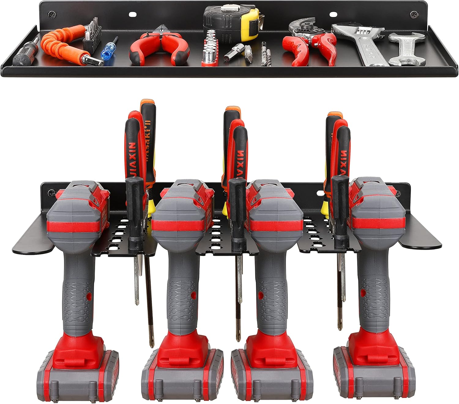 Power Tool Holder Wall Mount - ROBUST Power Tool Organizer Heavy Duty Floating Tool Shelf for 4 Drills Utility Racks Fit Garage, Home, Workshop, Shed (1pack Rack+Shelf) Pack of 2
