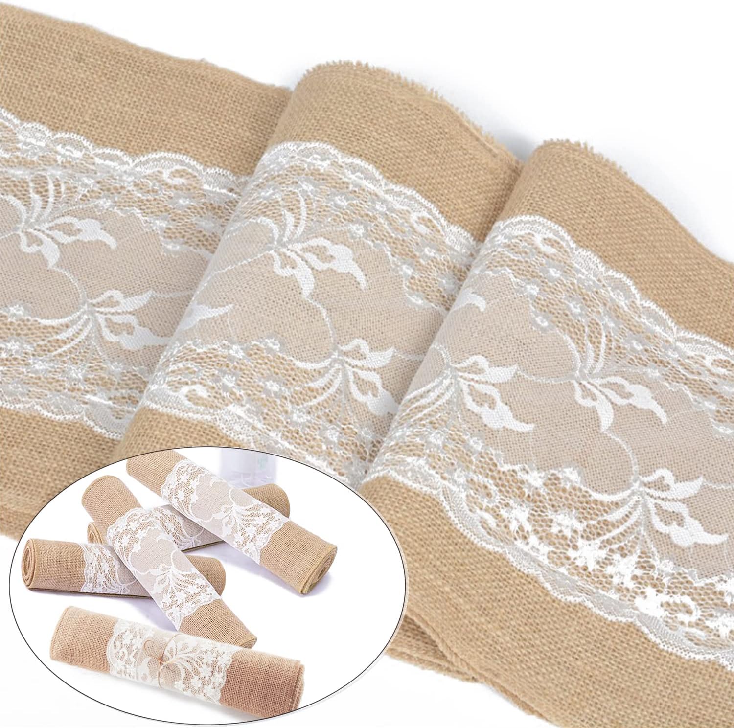 NA 5pcs Burlap Lace Table Runner Hessian Rustic Table Cloth Natural Jute for Country Wedding Party Dining Table Fall Decoration Baby Birdal Shower Farmhouse Kitchen Table Decor 12X108