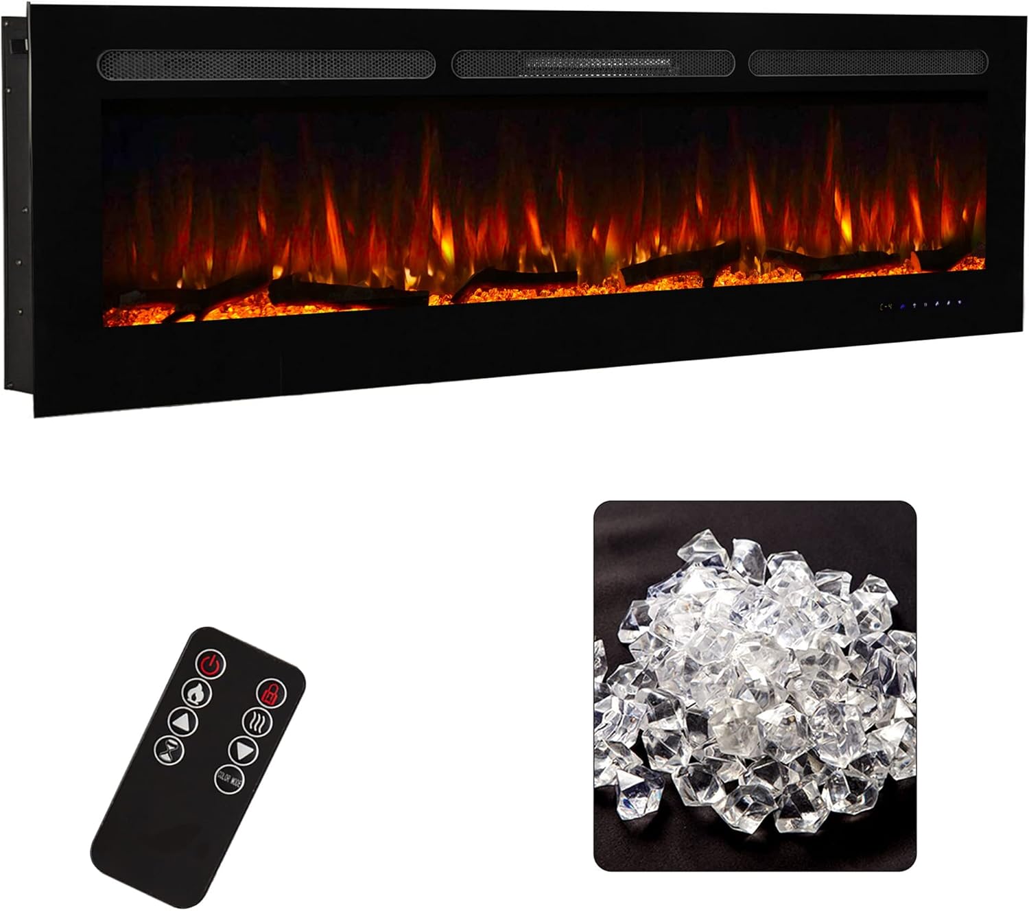 Electric Fireplace 60 inch Recessed Wall Mounted in-Wall Fireplace Heater with 3 Hot Air Outlets, Child Safety Lock, 12H Timer, 12 Colors, Free Crystals & Log, Touch Panel & Remote, 750W/1500W, Black