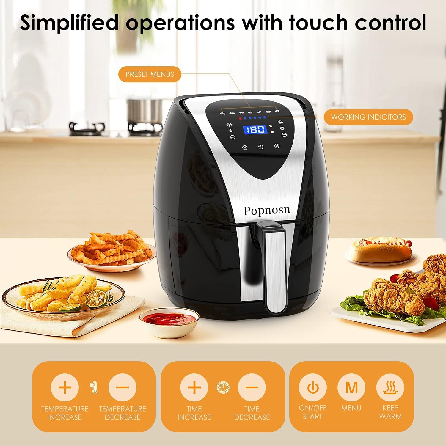 Popnosn Air Fryer 4.5L Capacity 1400W Rapid Heating Air Fryers with 7 Preset Menus, Digital Display, Timer and Adjustable Temperature Control Air Fryer for Home Use Oil-Free Cooking