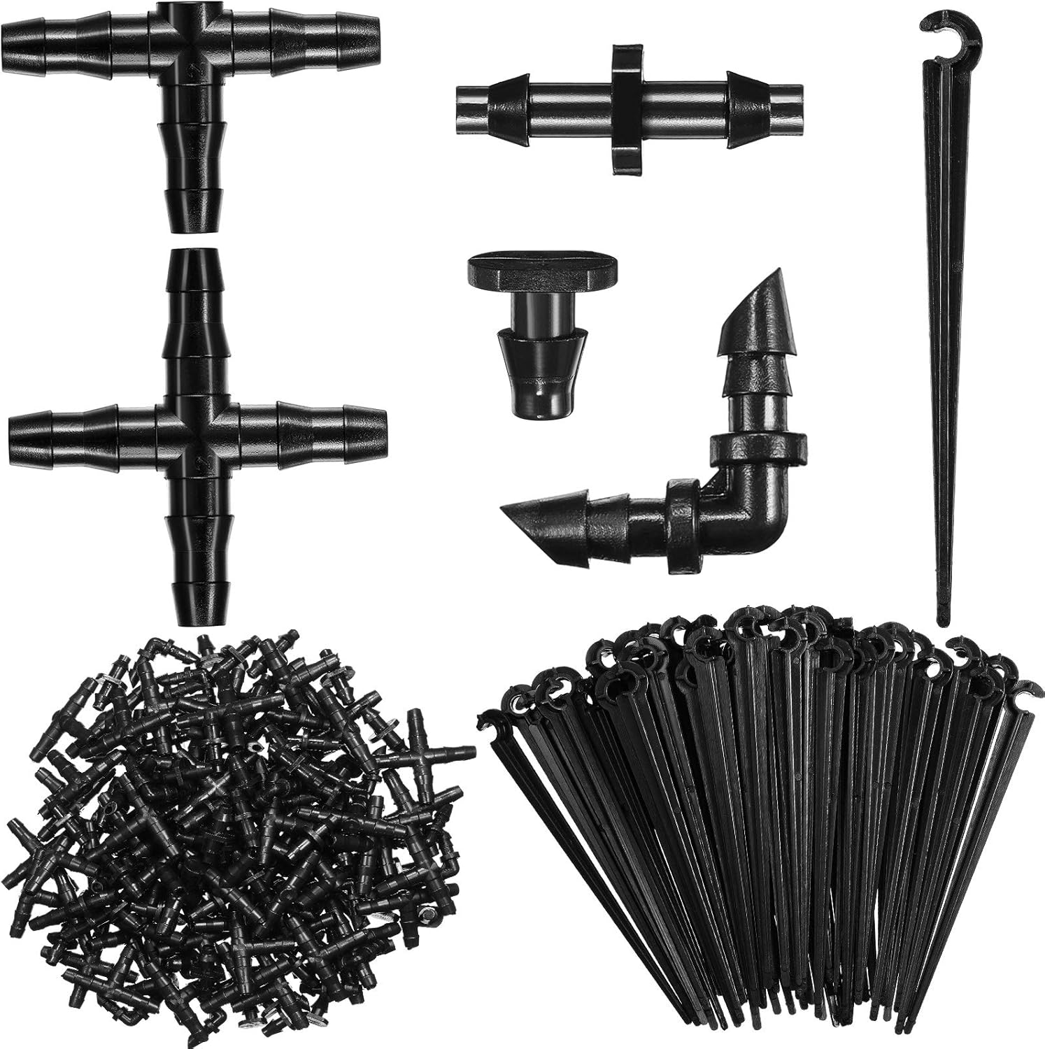 Irrigation Fittings Kit Drip Irrigation Connectors Include 80 Straight Barbs 60 Tees 20 Elbow 20 End Plug 20 4-Way Coupling and 100 Irrigation Support Stakes Hose Holder for 1/4 Inch Tubing 300 Piece Pack of 2