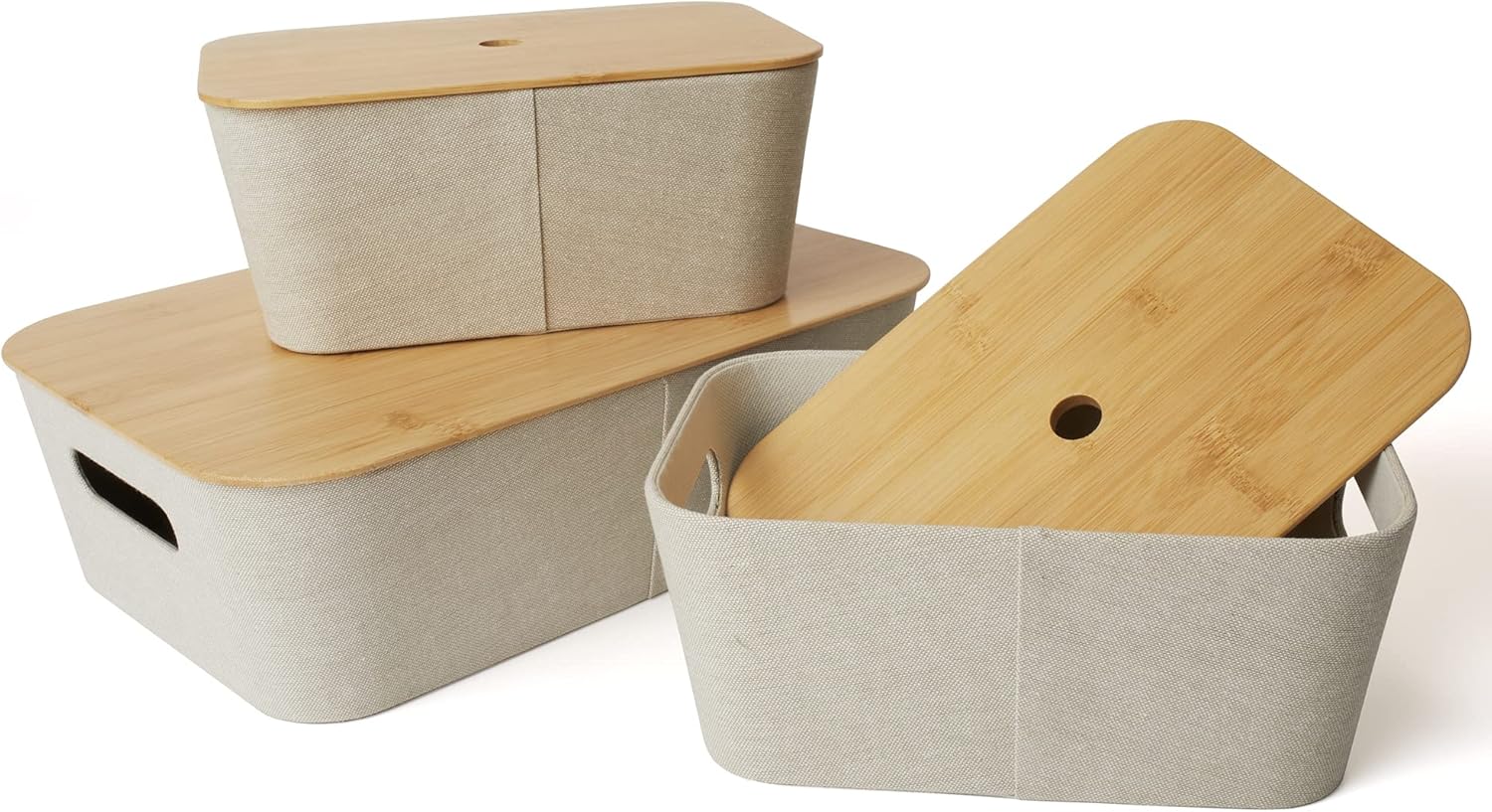 LA JOLIE MUSE Mid-Century Modern Storage Basket with Bamboo Lids, Decorative Stackable Basket Set of 3 for Shelves Table Bookcase Office Organizing, Multipurpose Basket Organizer Bin, Light Gray