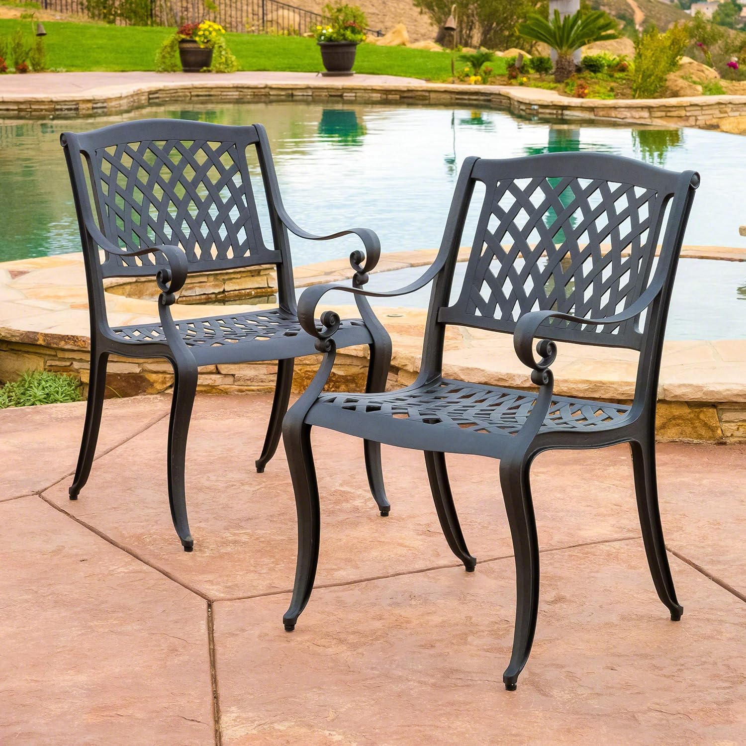 Christopher Knight Home Hallandale Outdoor Cast Aluminum Chairs, 2-Pcs Set, Black Sand