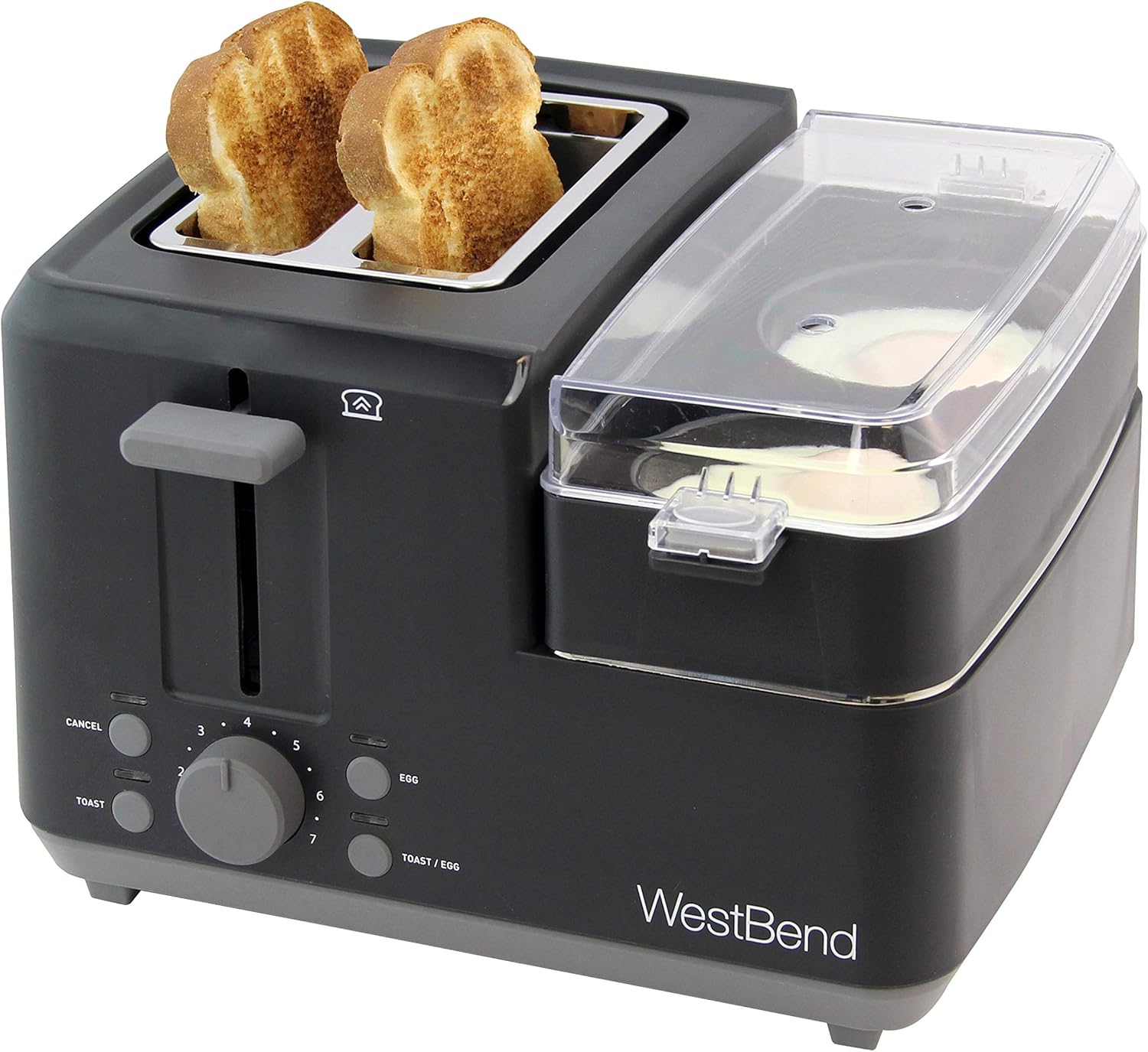 West Bend 78500 2-Slice Breakfast Station Wide Slot Toaster with Removable Crumb Includes Meat and Vegetable Warming Tray with Egg Cooker and Poacher Certified, Black