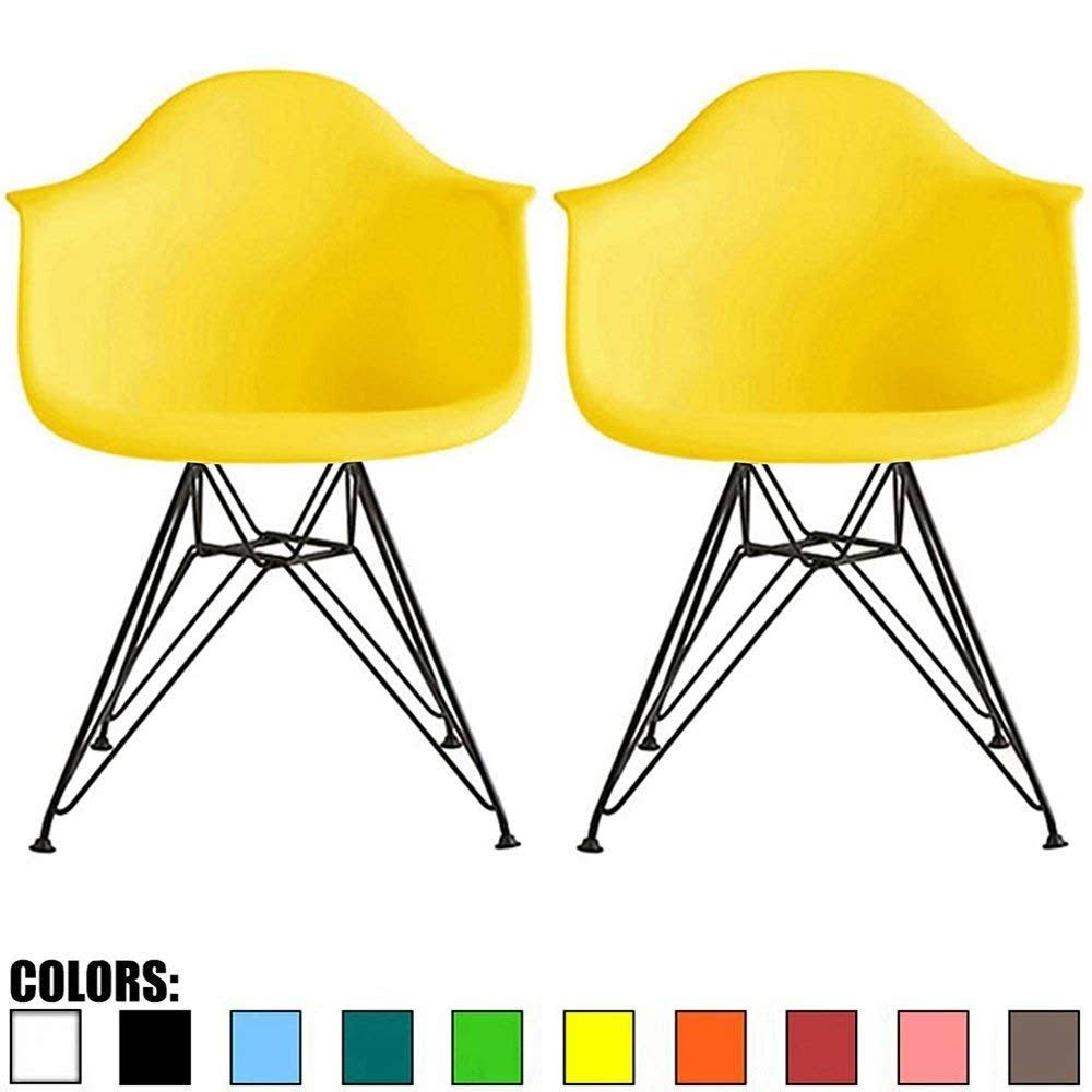 2xhome Set of 2 Color Modern Arm Chairs for Dining Room Kitchen Solid Molded Plastic Seat Dark Black Wire Eiffel Legs Dsw - Dark