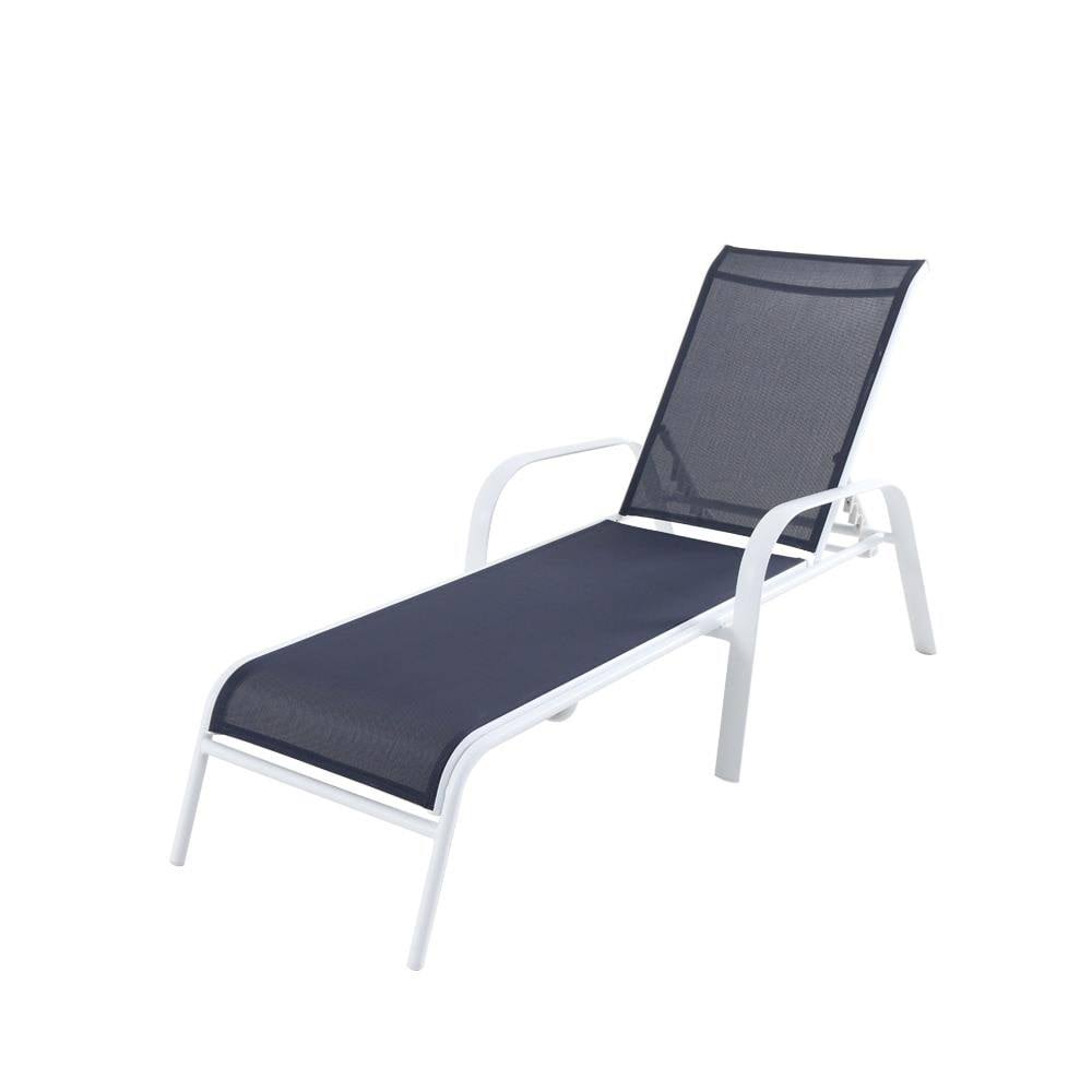Allen + Roth Truxton Stackable White Metal Frame Stationary Chaise Lounge Chair(s) with Blue Sling Seat | FLS70323