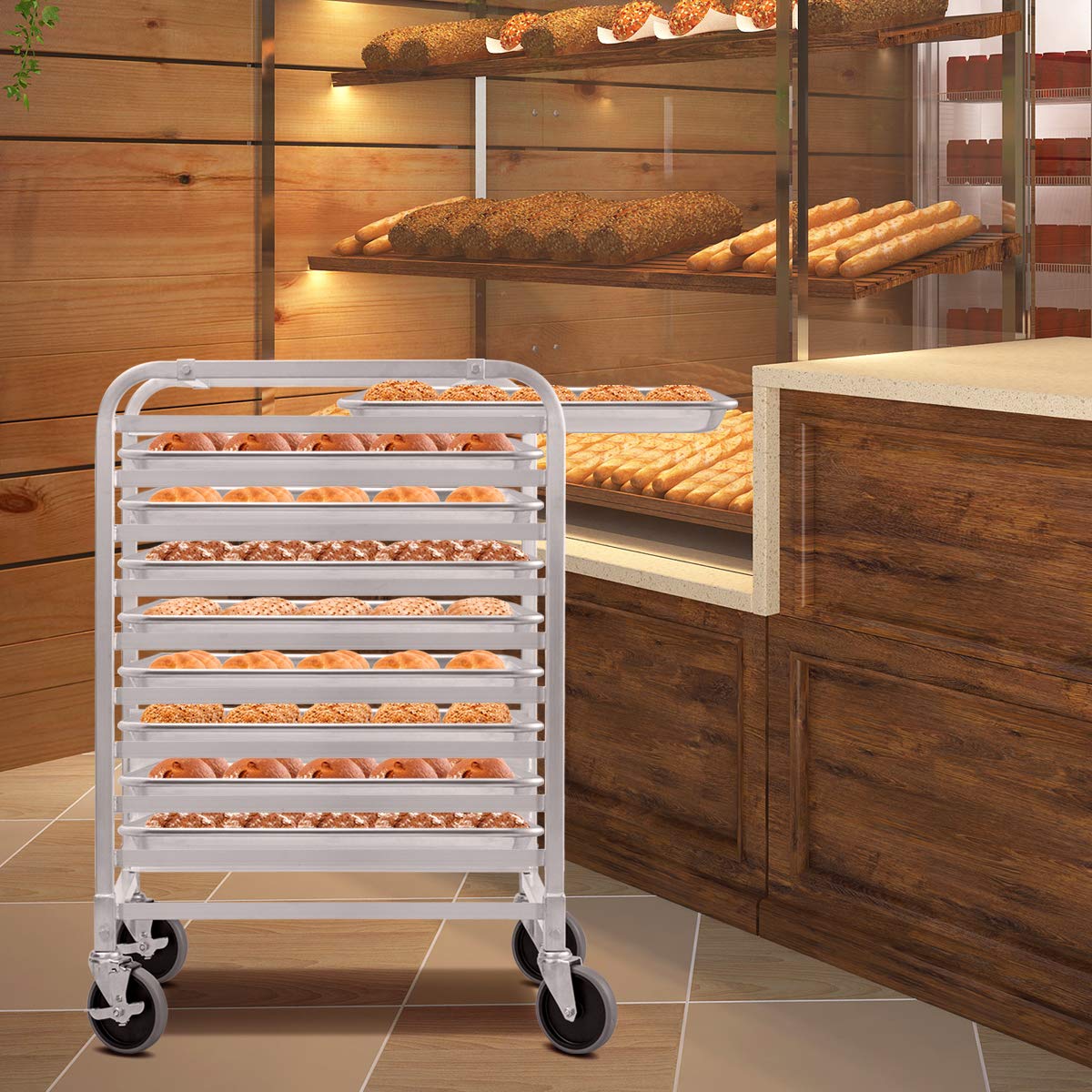Giantex 10 Tier Aluminum Bakery Rack Home Commercial Kitchen Bun Pan Sheet Rack Mobile Sheet Pan Racking Trolley Storage Cooling Rack w/ Lockable Casters