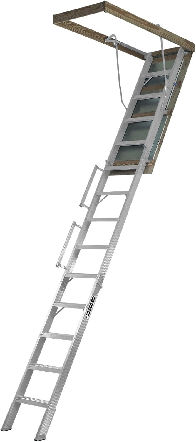 Louisville Ladder 22.5-Inch by 63-Inch Aluminum Attic Ladder, Fits 10' to 12' Ceiling Height, 350-Pound Capacity, AL228P