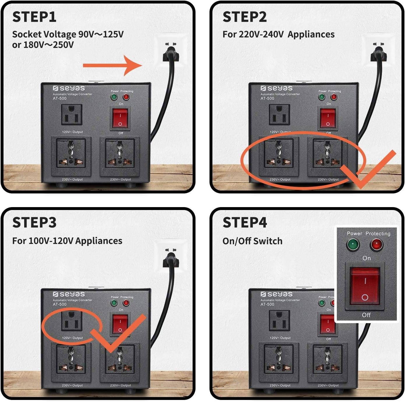 SEYAS 500W Auto Step Up & Step Down Voltage Transformer Converter, 110-120 to 220-240 Volts, Soft Start & Full Load, 7x24hrs Continous Run, Circuit Breaker Protection, U.S. Patent No. US9225259 B2 Pack of 2
