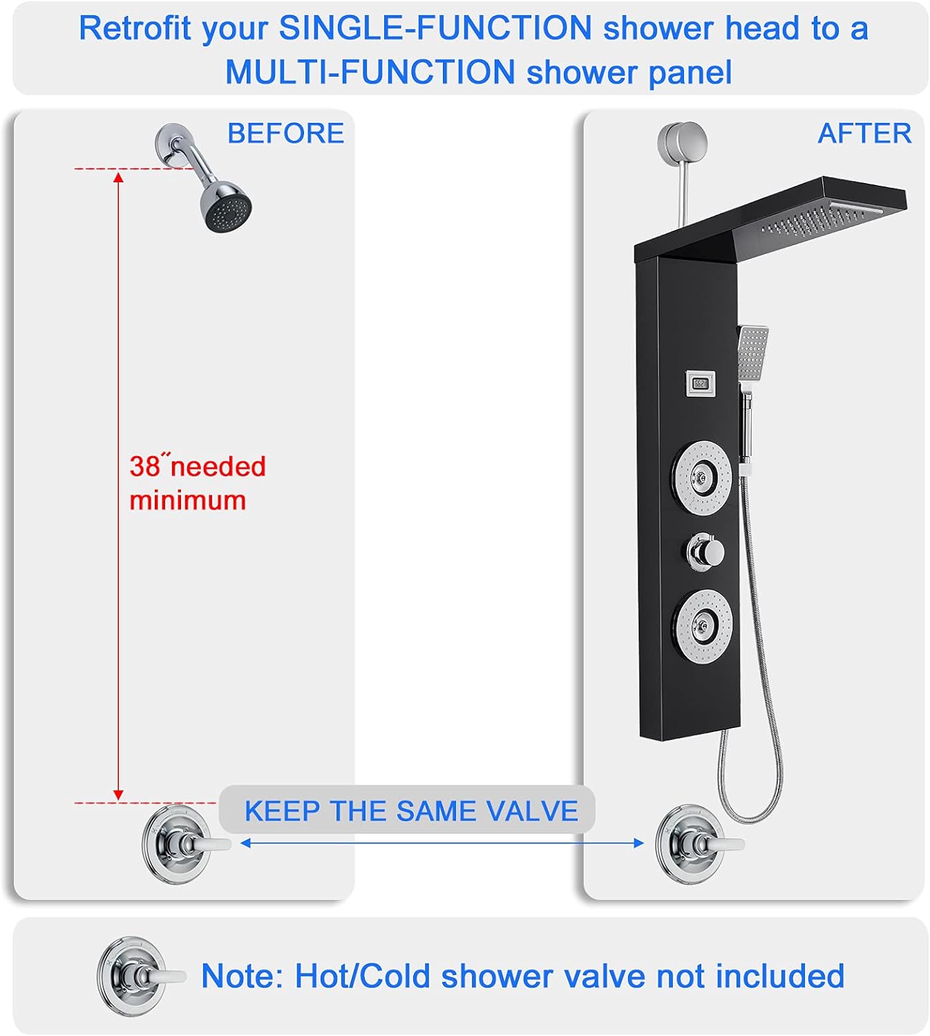ROVOGO Retrofit Shower Panel with LED Shower Head, 2 Body Jets and Handheld, Easy Connect Shower Tower Column with Temperature Display, Black