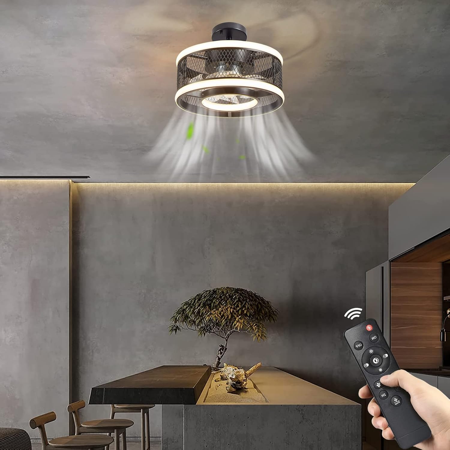 Ceiling Fan with Light, Smart Ceiling Fan Light with Dual Purpose of Celling and Pendant, 3 level Adjustable Wind Speed, Bladeless Ceiling Fan for Bedroom, Living Room, Kitchen (Black)