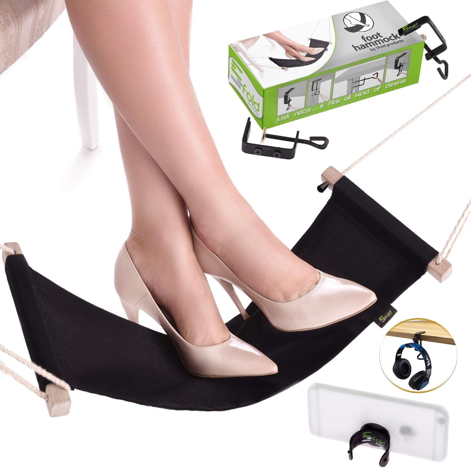 Foot Hammock Under Desk | Adjustable Desk Foot Rest Hammock Office | Under The Desk Hammock for Feet Suitable for All Desk Types & Bonus Included by 5fold Products (Black)