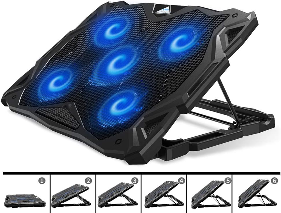 PCCOOLER Laptop Cooling Pad, Portable Laptop Stand with 6 Angle Adjustable & 5 Quiet Blue LED Fans for 12-17.3 Inch Gaming Laptop, Laptop Cooler Built-in Dual USB Ports Support Mouse, Keyboard Device Pack of 2
