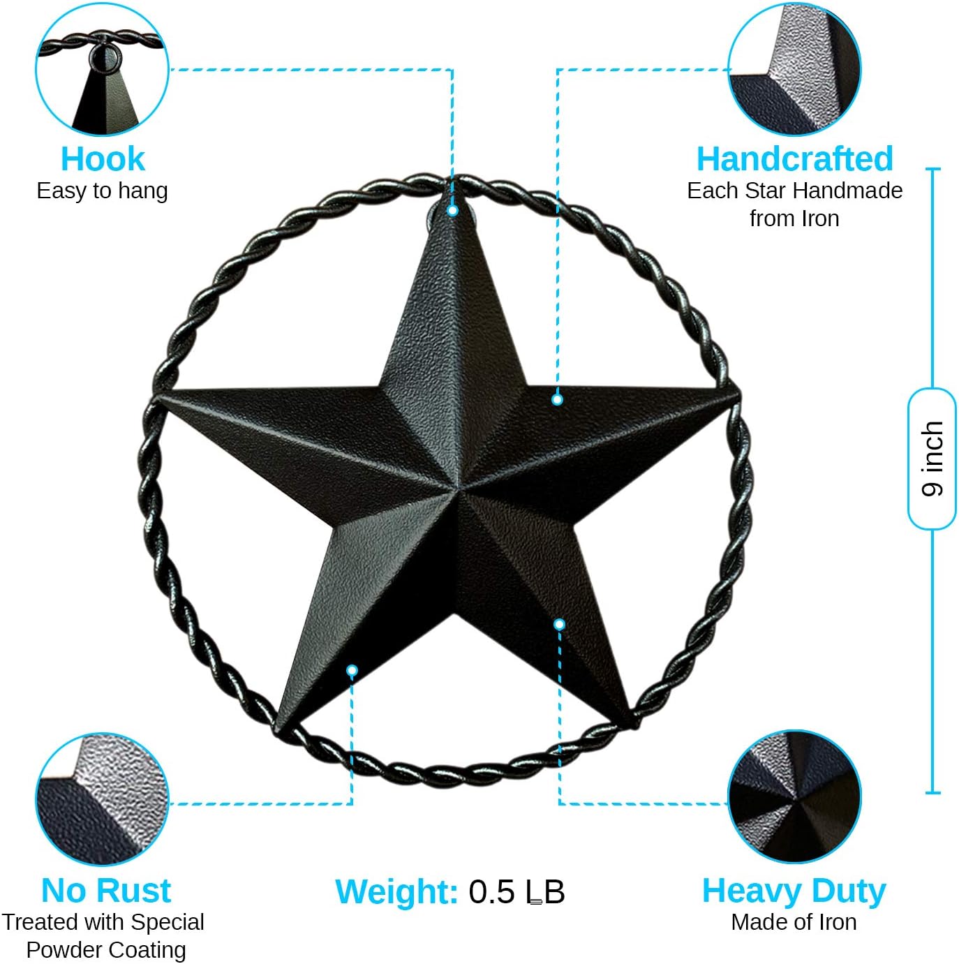 Black Metal Wall Star &ndash; Barn Star, Metal Stars for Outside or Inside, Texas Star, Art Rustic Vintage Western Country Farmhouse Iron Wall D&eacute;cor for House (9