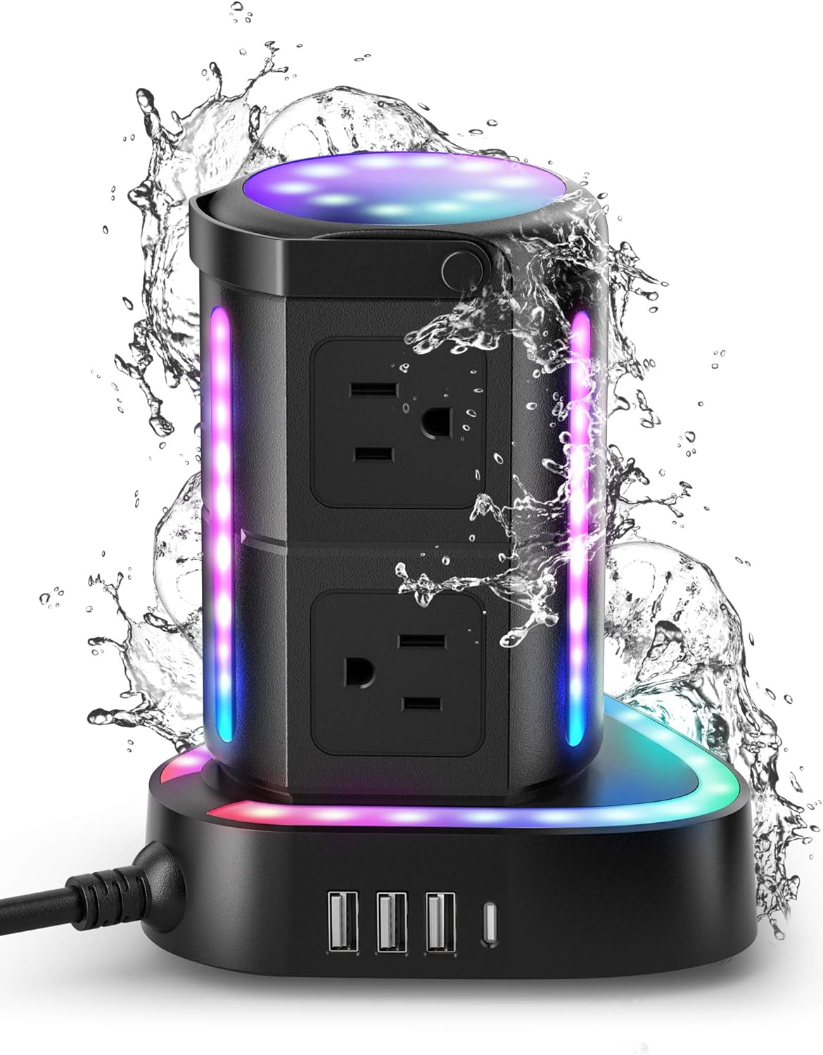 RGB Power Strip Tower with USB C PD 20W, Waterproof Surge Protector with 9 Outlets and 3 USB Ports, 2000J 1875W 6ft Extension Cord, Charging Station for Gaming Party Home Office Pack of 2