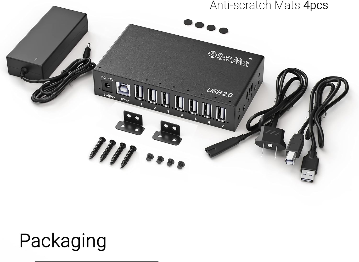 SotMa - USB 2.0 Hub - 7 Port Powered USB Hub Splitter - USB Port Expander with 12V 3A Power Adapter, LEDs and Mounting Bracket - Black Pack of 2