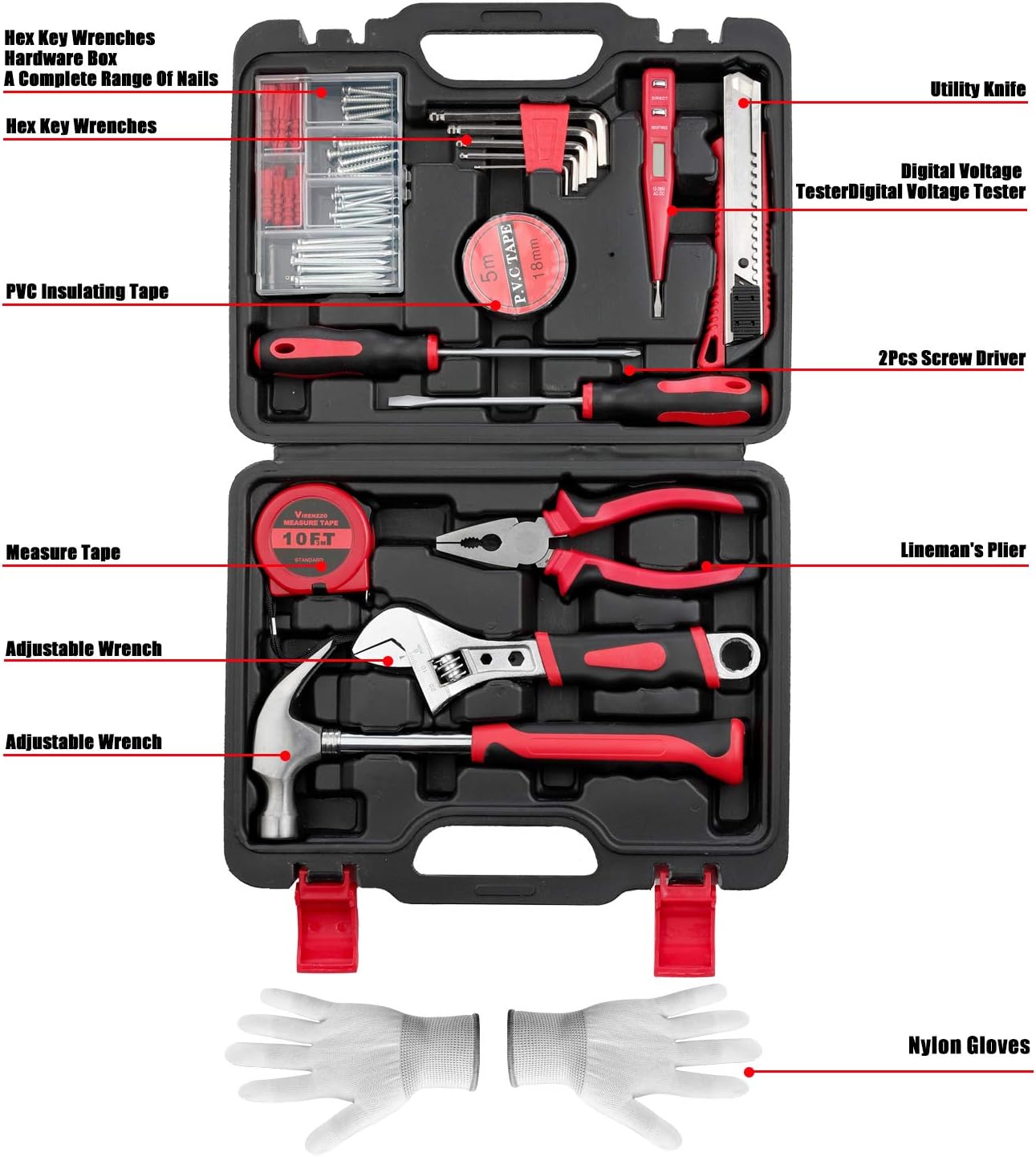 68 Pieces Tool Set,Tool Kit For Home With Storage Case (Black Red)