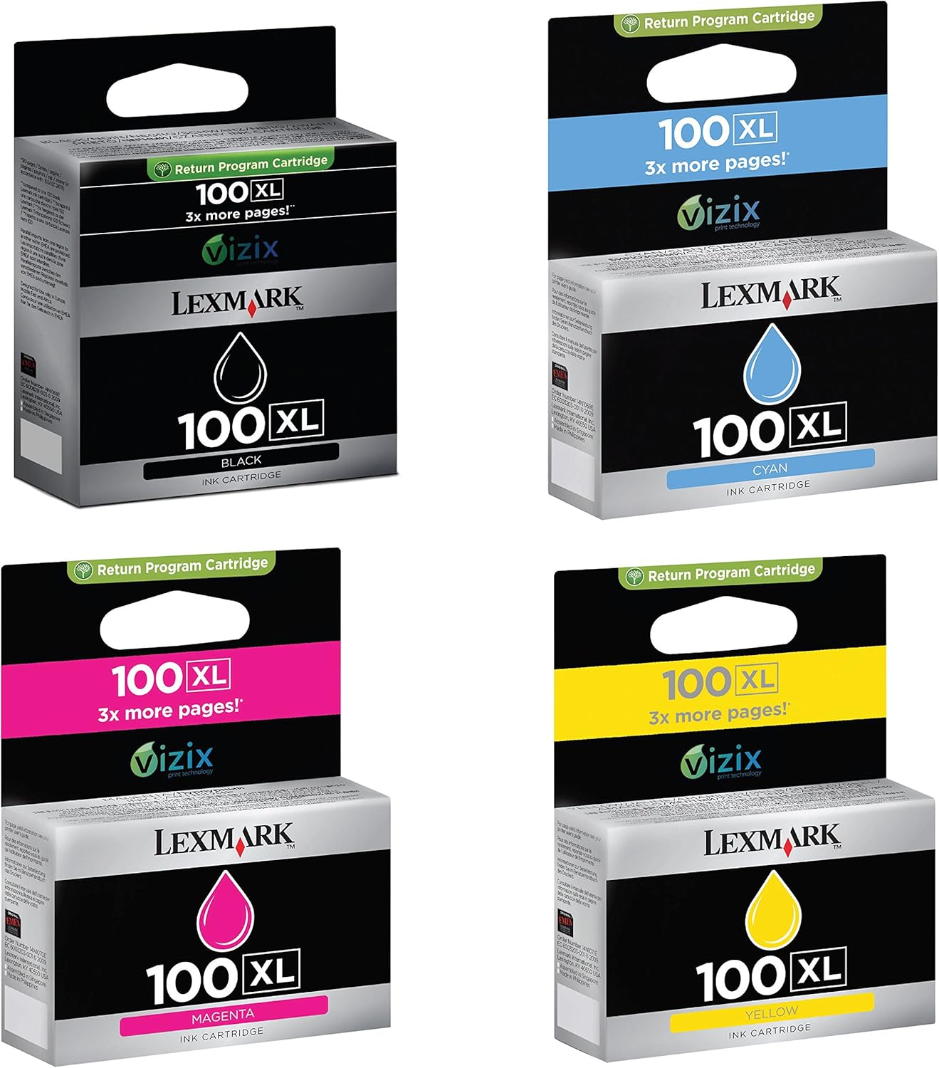 Lexmark 100XL Bundle of Black Cyan, Magenta, Yellow Genuine Inkjet Cartridges