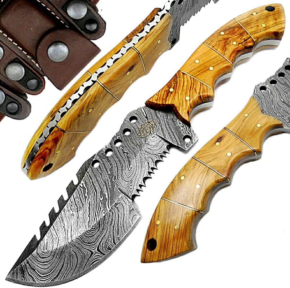 Best.Buy.Damascus1 Olive Wood 9.5'' Tracker Fixed Blade Handmade Damascus Steel Hunting Knife with Prime Quality