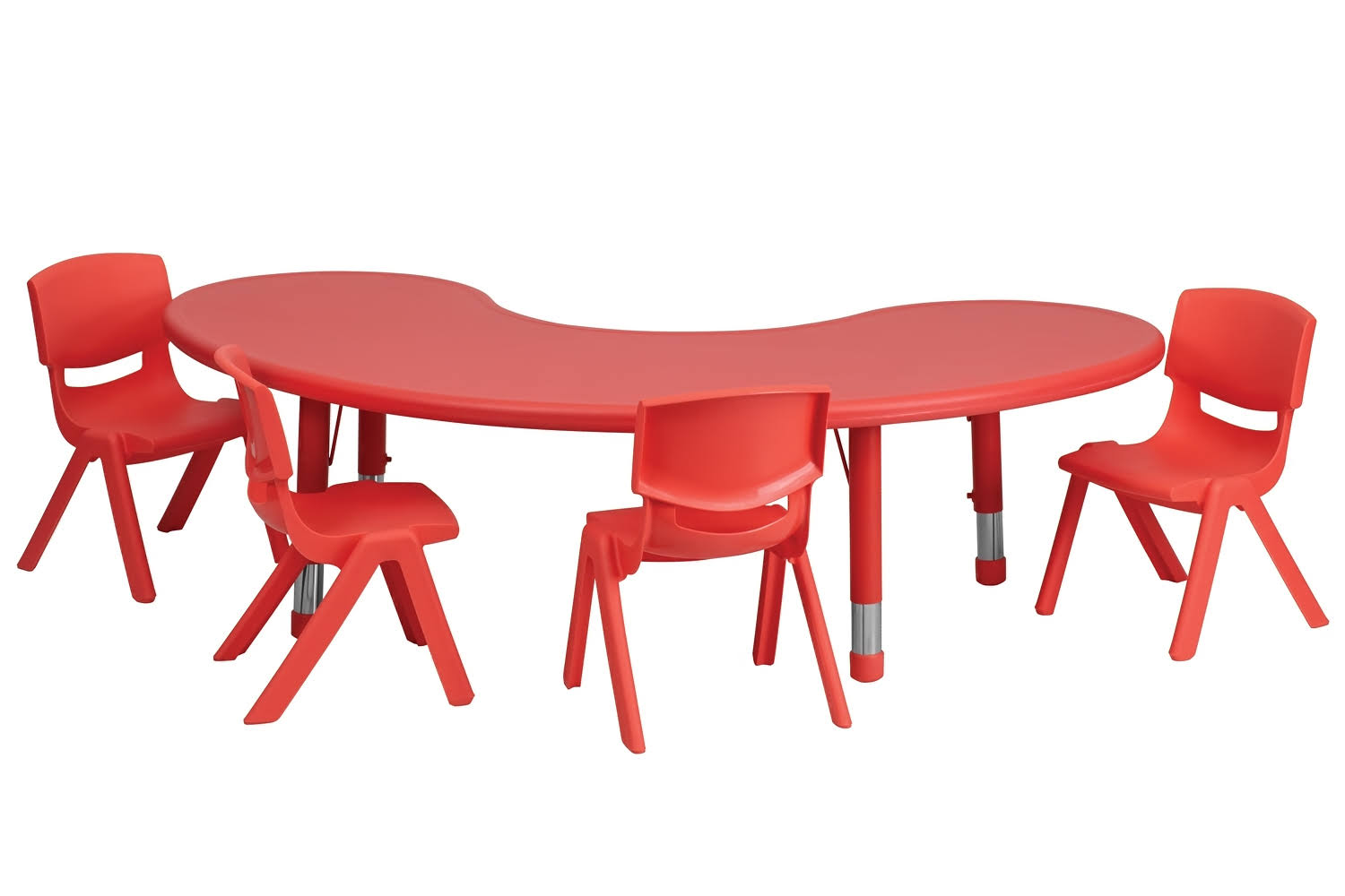 Offex Adjustable Half-Moon Plastic Activity Table Set with 4 Stack Chairs, Red