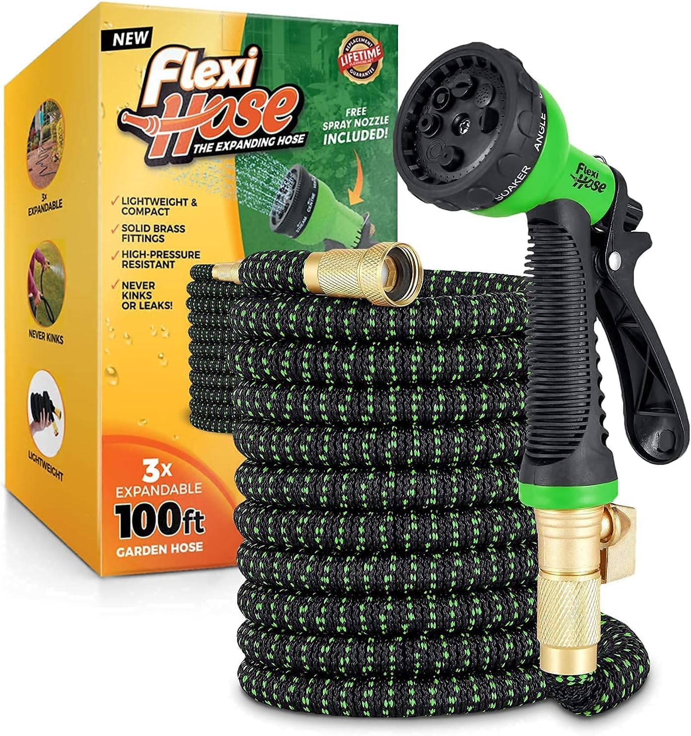 MULTIPLE COLORS - Flexi Hose with 8 Function Nozzle Expandable Garden Hose, Lightweight & No-Kink Flexible Garden Hose, 3/4 inch Solid Brass Fittings and Double Latex Core, 100 Ft Green Black Pack of 2