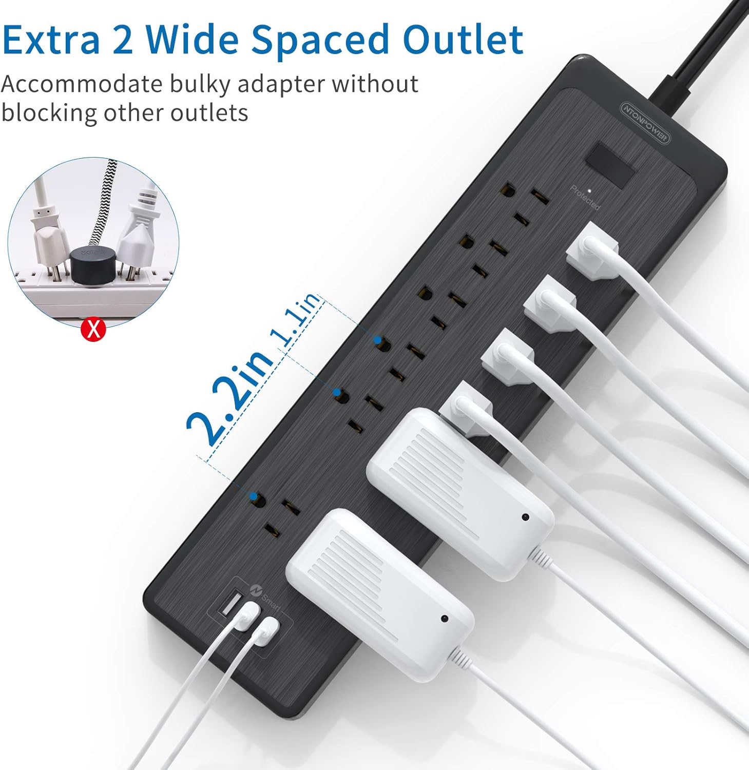 Flat Plug Extension Cord 25 Ft, NTONPOWER Surge Protector Power Strip with 12 Outlets(2 Widely Space) 3 USB, Overload Protection Switch, 2100 Joules, Wall Mount for Home Office and Workbench, Black Pack of 2